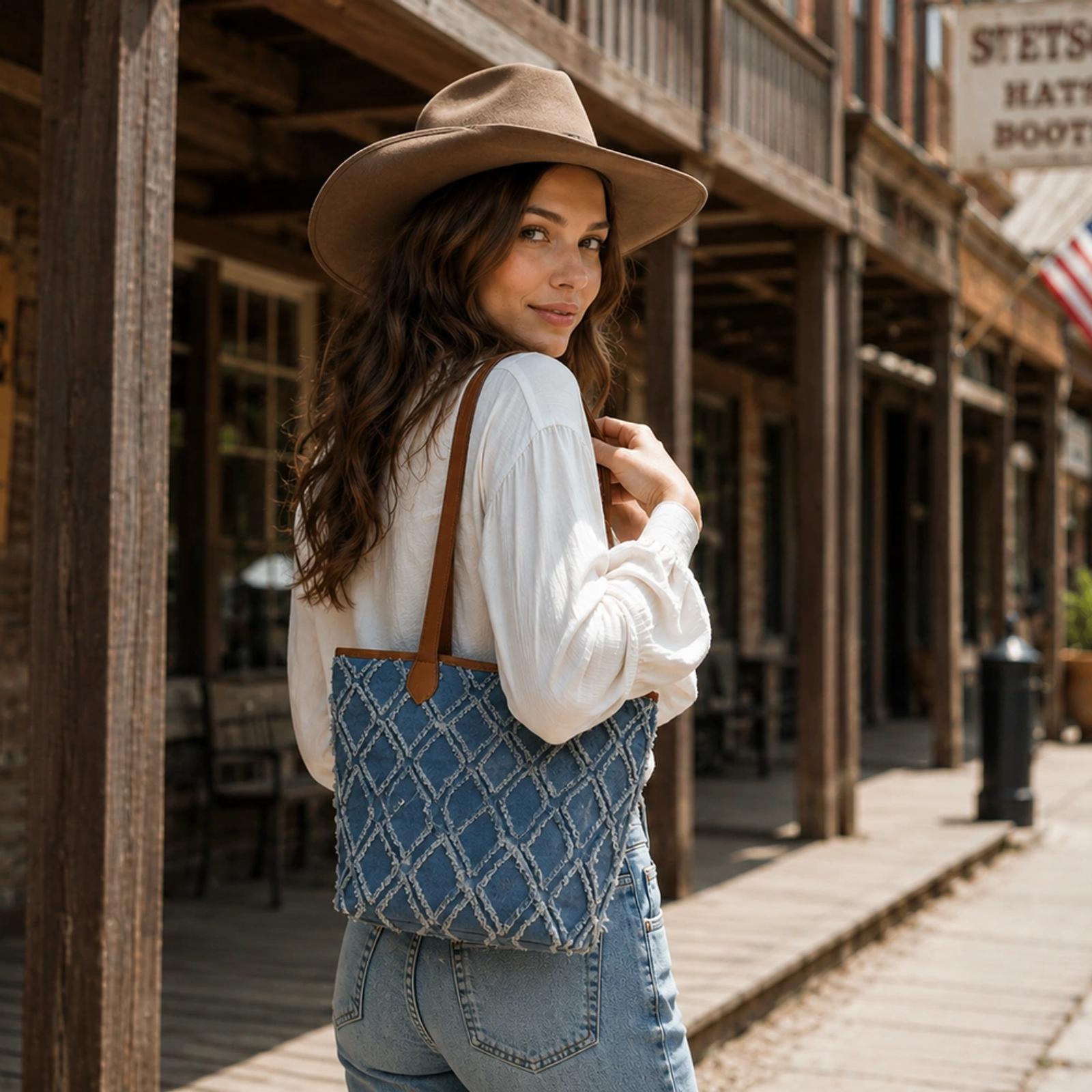Frayed Denim Patchwork Mini Tote Bag | Leather Trim OEM Manufacturer thumbnail 2
