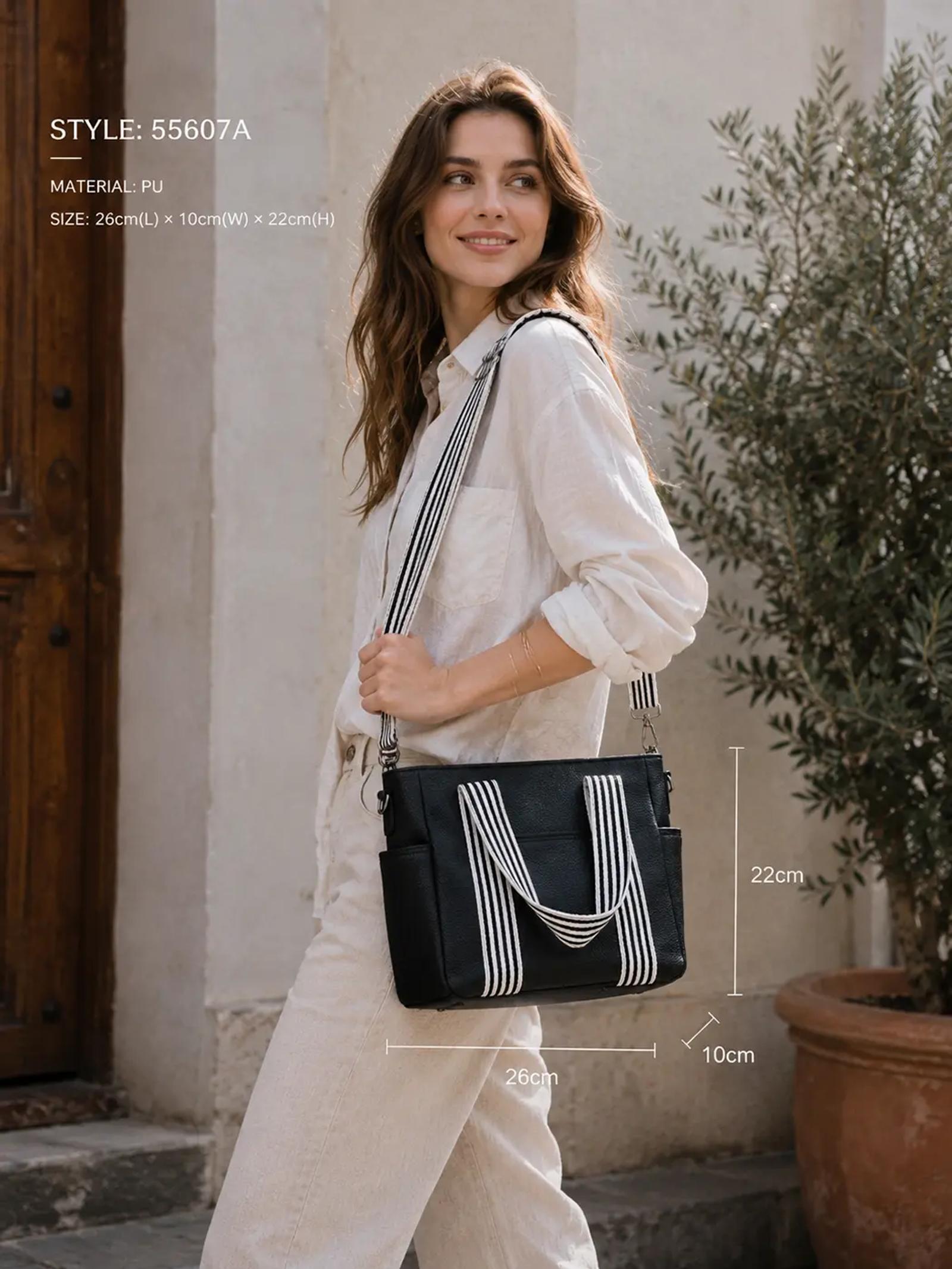 Custom Logo Pebbled PU Tote Handbag with Webbing Strap thumbnail 3