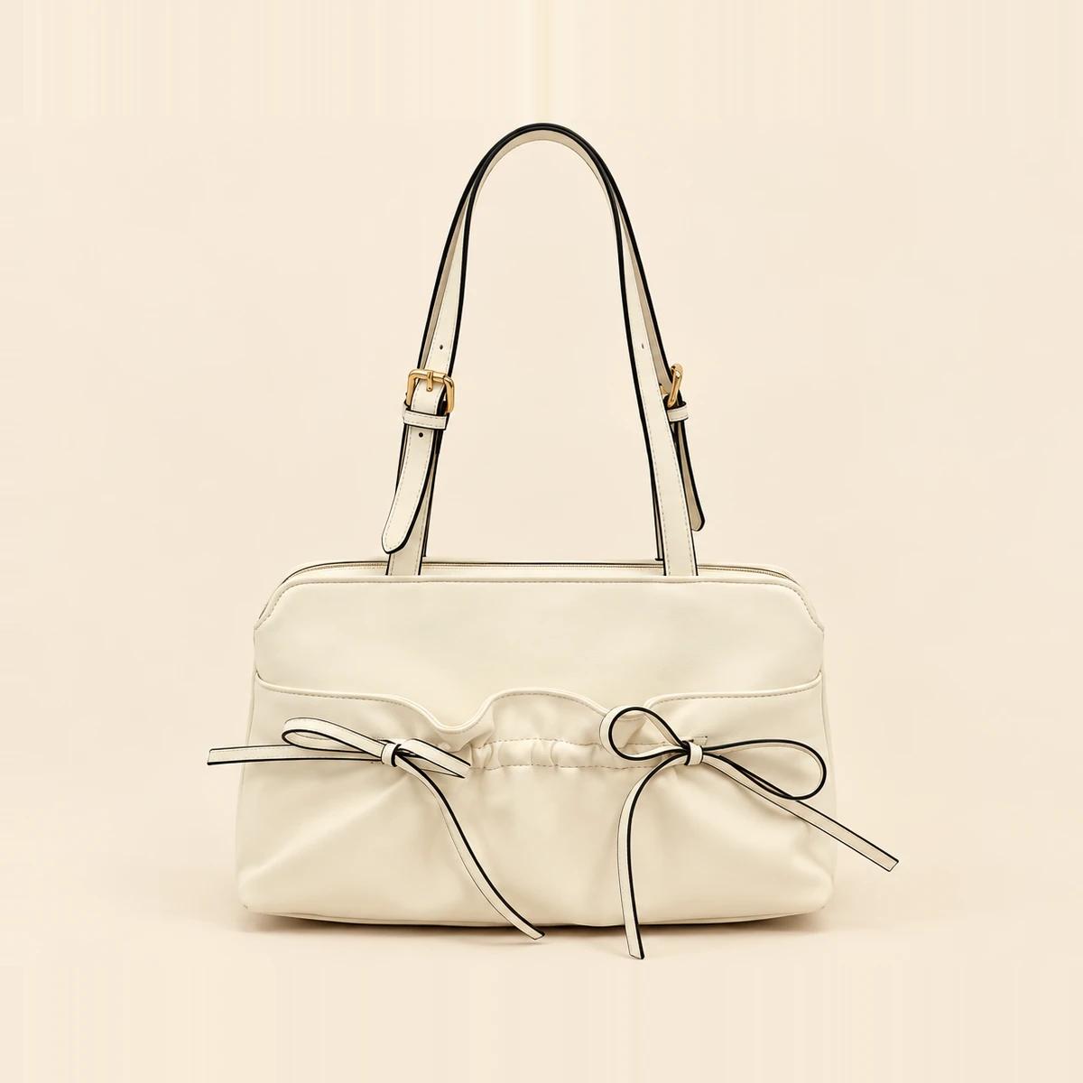 Cream Twin-Bow Smooth PU Shoulder Bag | Custom Handbag Manufacturer — image 1