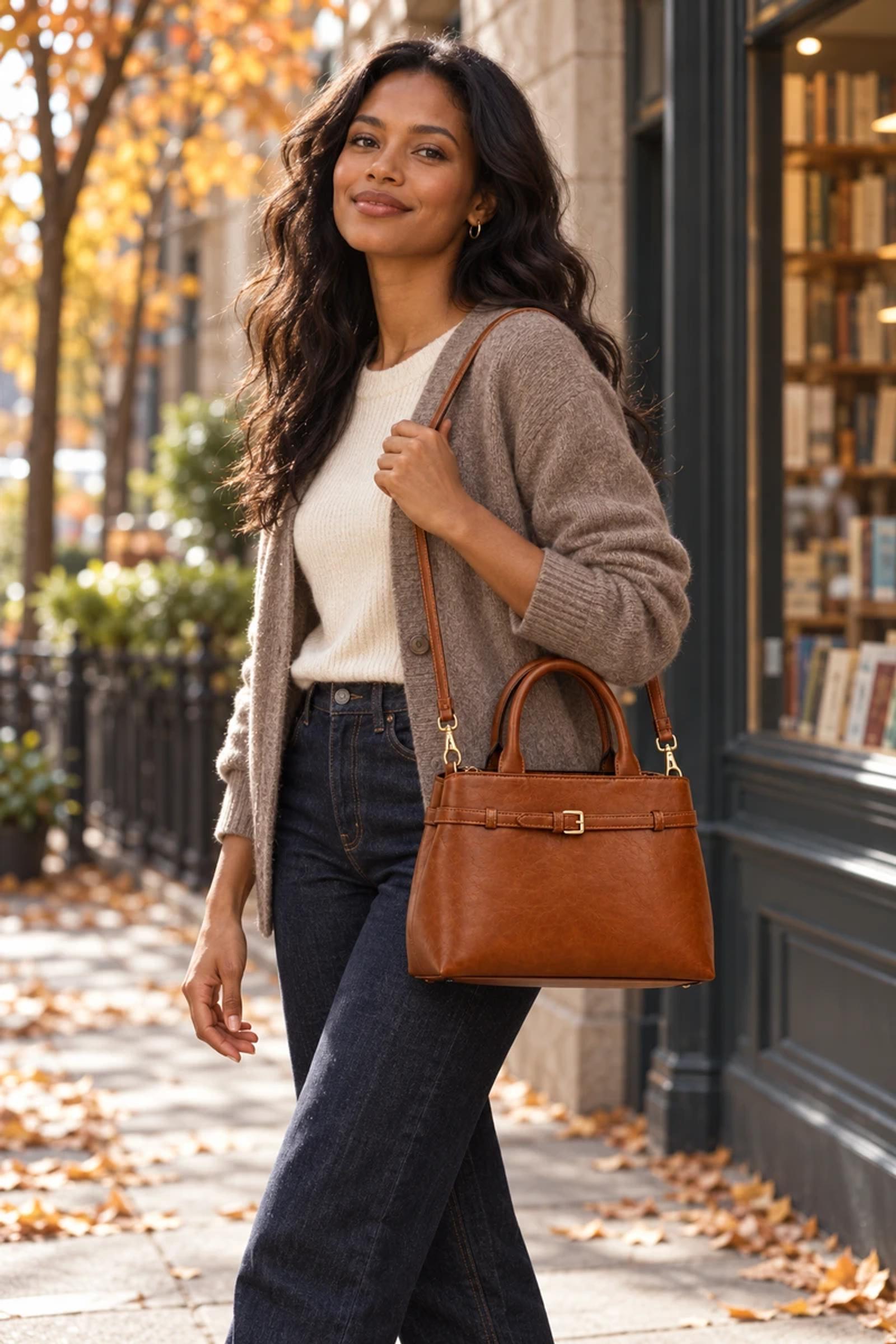 Cognac Crinkle PU D-Ring Top Handle Bag | Custom Handbag Manufacturer thumbnail 3