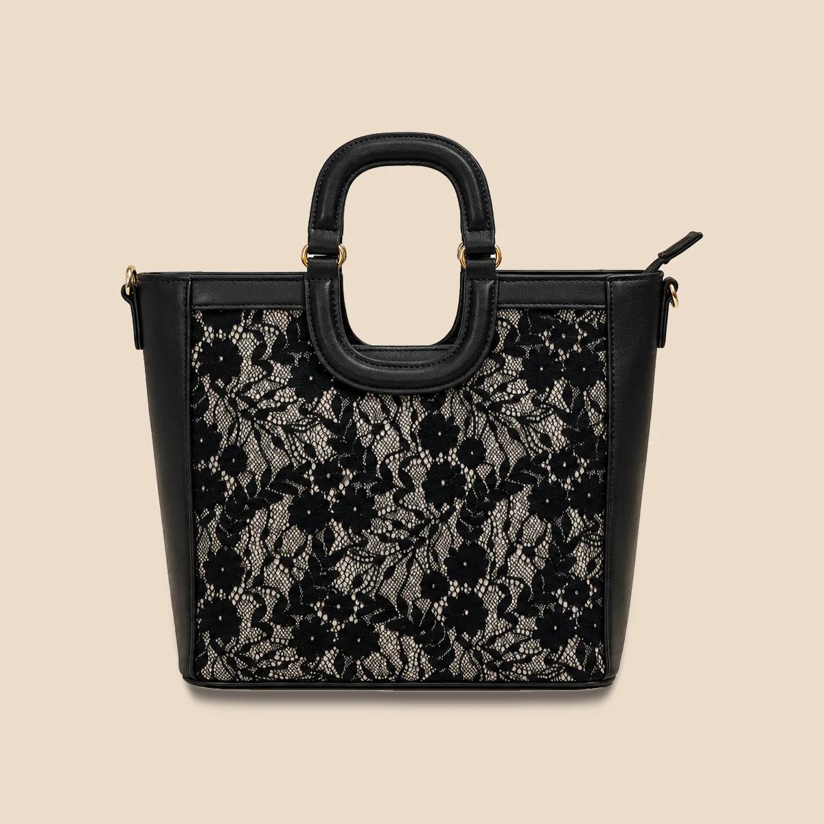 Lace Overlay Vegan Leather Top Handle Tote Bag for Private Label — image 1