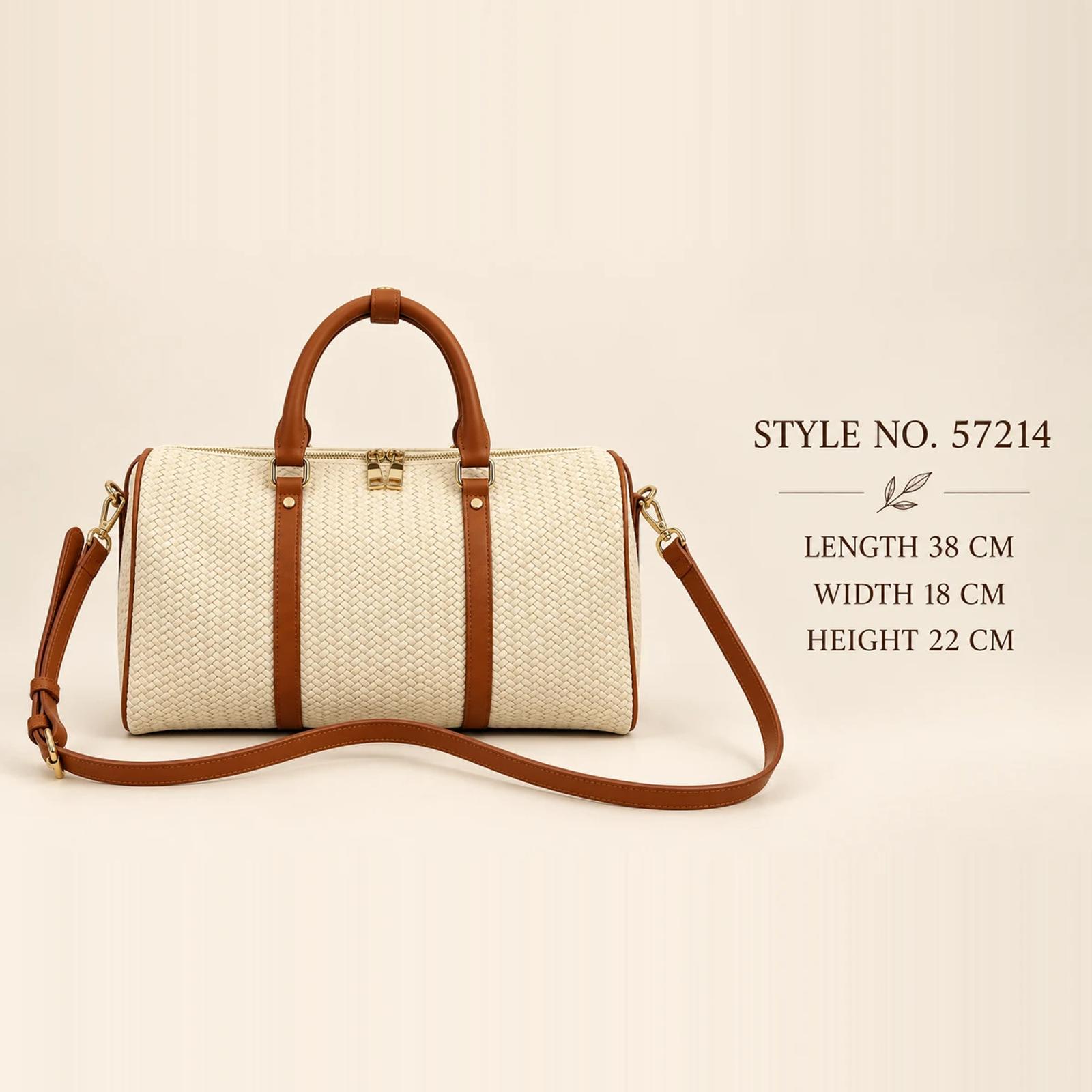 Cream Brown Woven PU Twin-Zip Boston Bag | OEM Handbag Manufacturer thumbnail 2