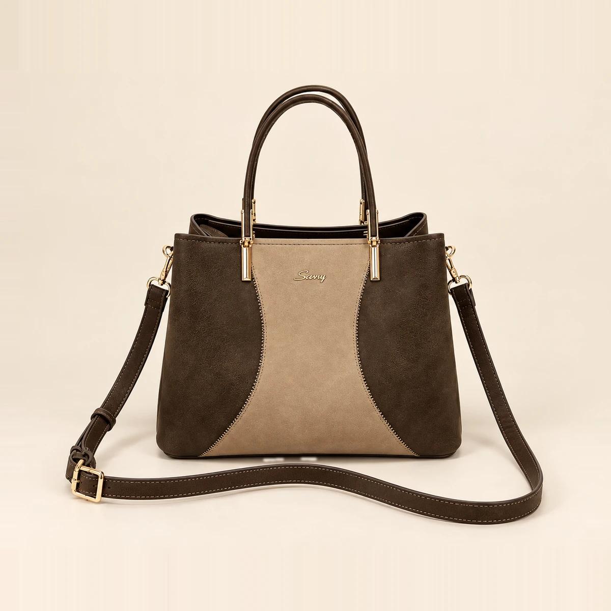 Beige Two-Tone PU Metal Bar-Trim Top Handle Bag | ODM Purse Factory