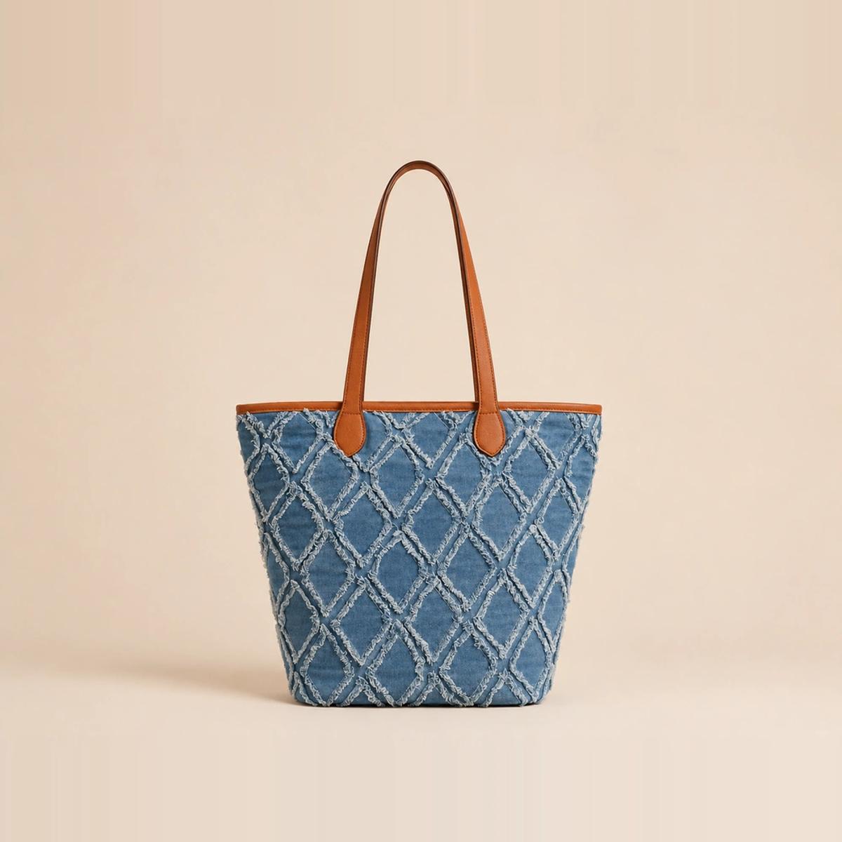 Frayed Denim Diamond Lattice Tote Bag with Leather Handles | OEM — image 1