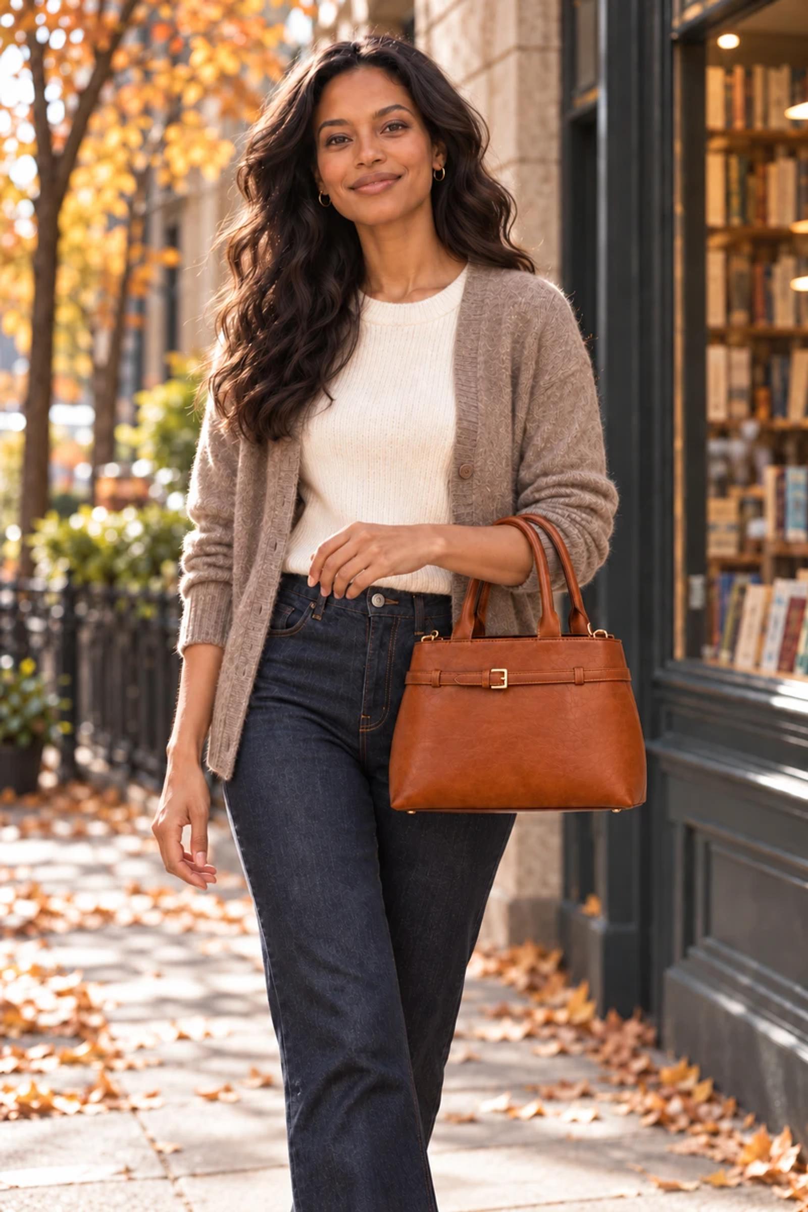 Cognac Crinkle PU D-Ring Top Handle Bag | Custom Handbag Manufacturer thumbnail 4