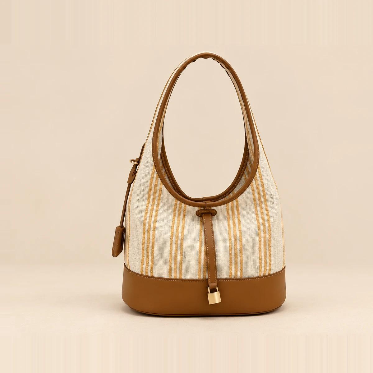 Cream Striped Canvas Gold-Clasp Hobo Bag | Custom Handbag Manufacturer