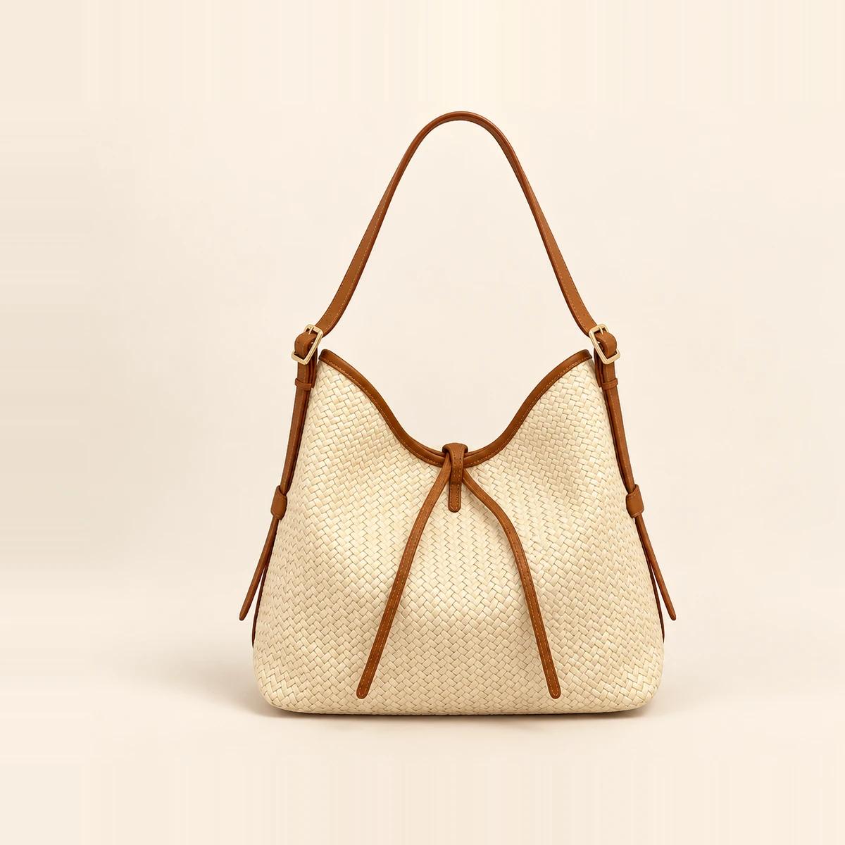 Cream Tan Woven-Embossed PU Tie-Cord Hobo Bag | ODM Purse Factory — image 1