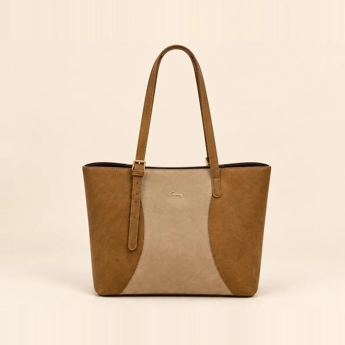Tan Two-Tone PU Curved-Panel Tote Bag | OEM Handbag Manufacturer