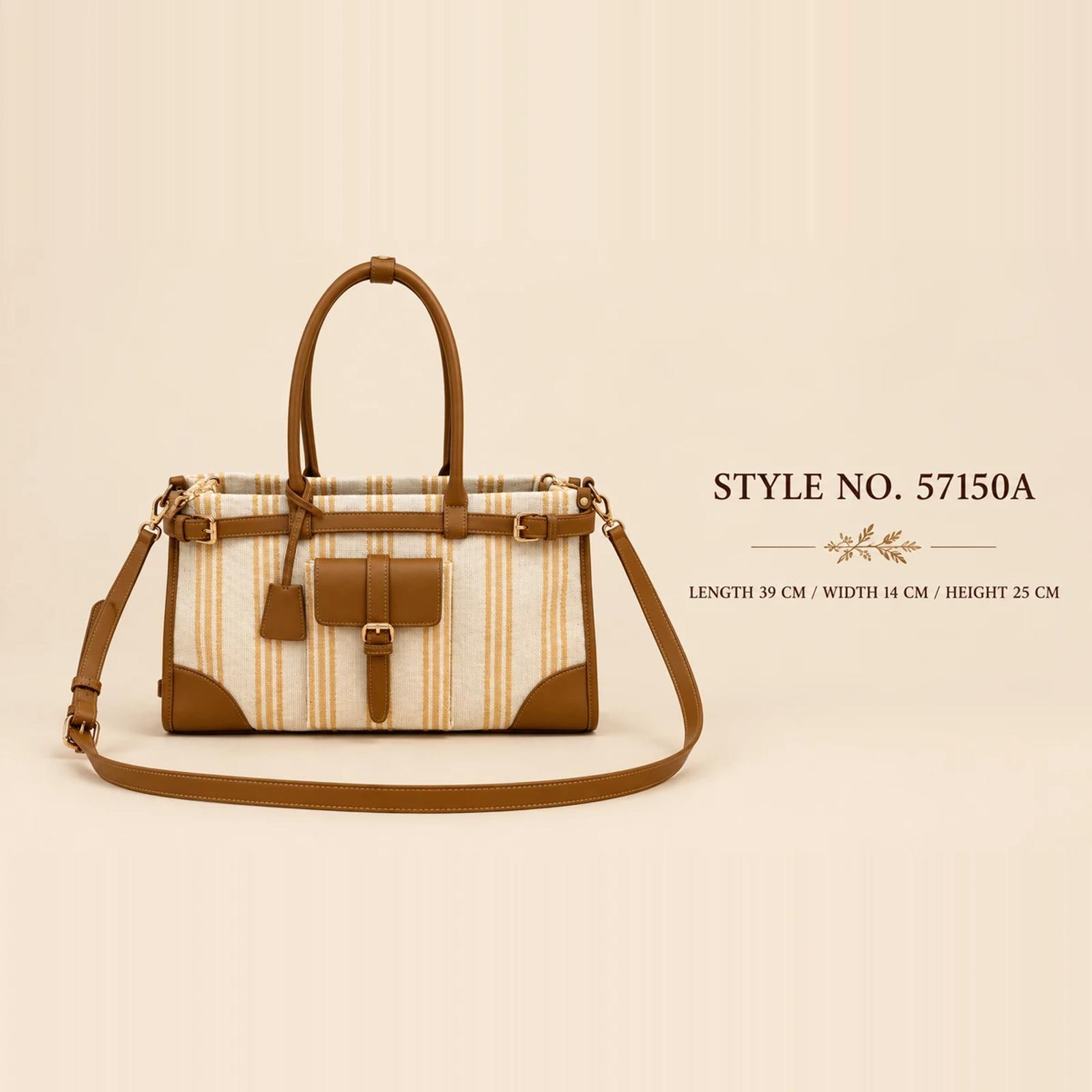 Cream Buckle-Strap Pinstripe Canvas Top Handle Bag | ODM Purse Factory thumbnail 2