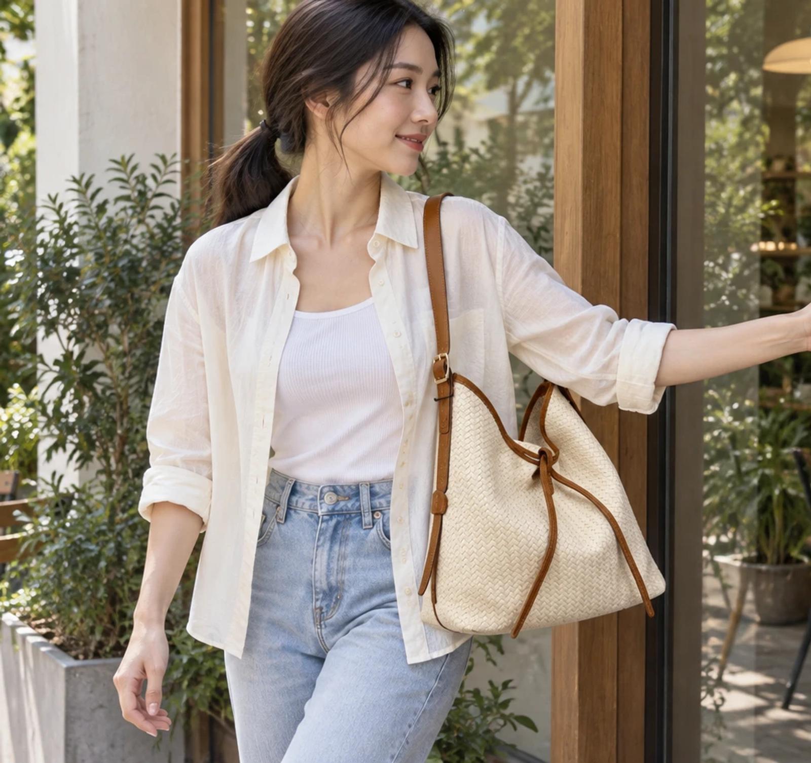 Cream Tan Woven-Embossed PU Tie-Cord Hobo Bag | ODM Purse Factory thumbnail 4