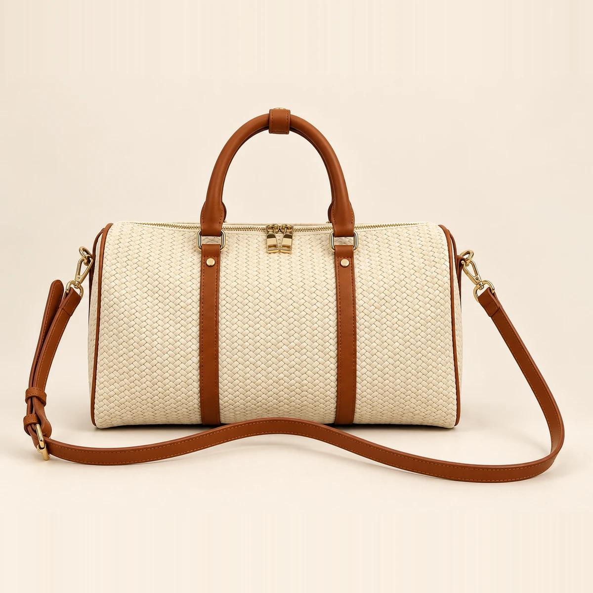 Cream Brown Woven PU Twin-Zip Boston Bag | OEM Handbag Manufacturer — image 1