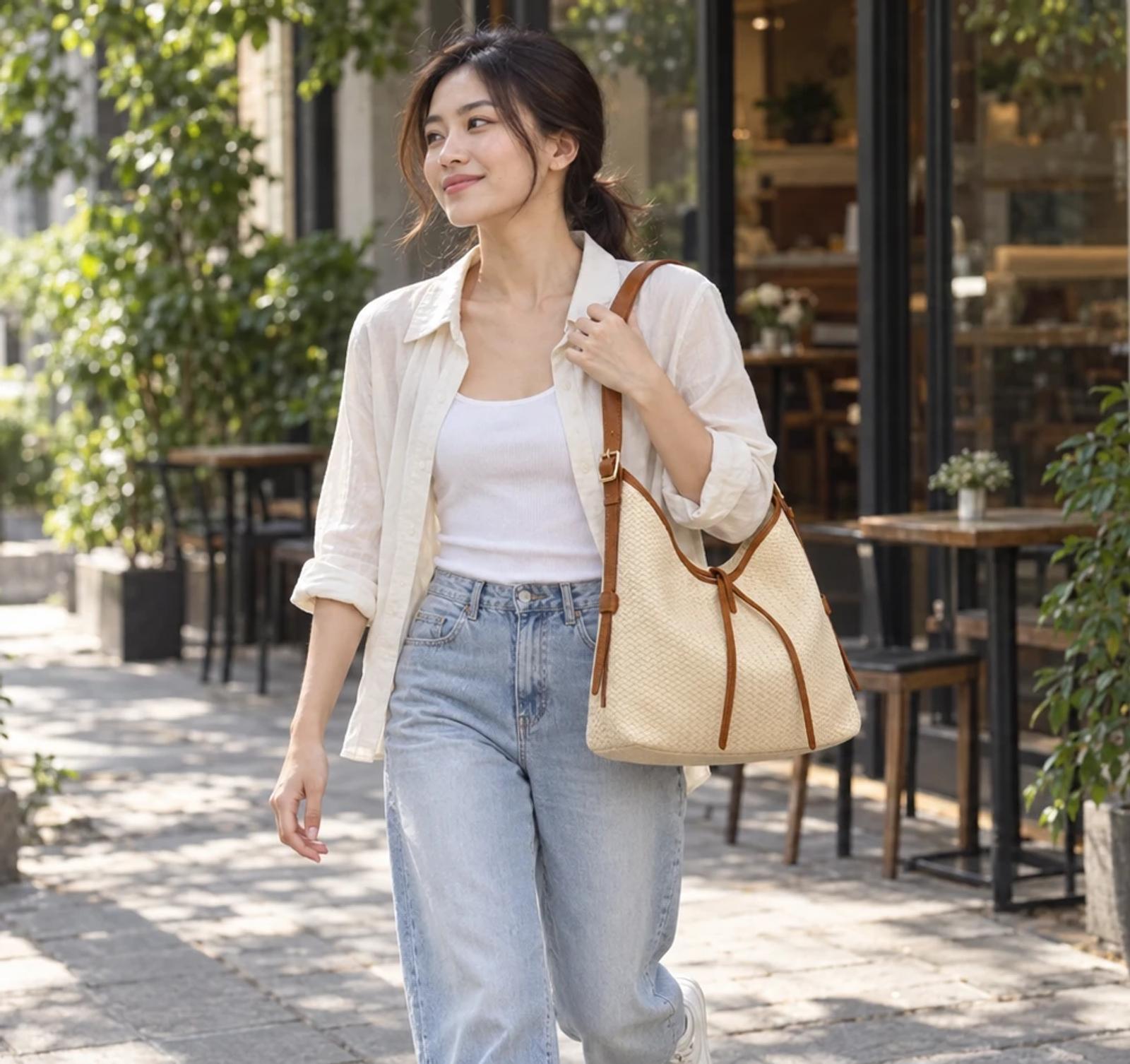 Cream Tan Woven-Embossed PU Tie-Cord Hobo Bag | ODM Purse Factory thumbnail 3
