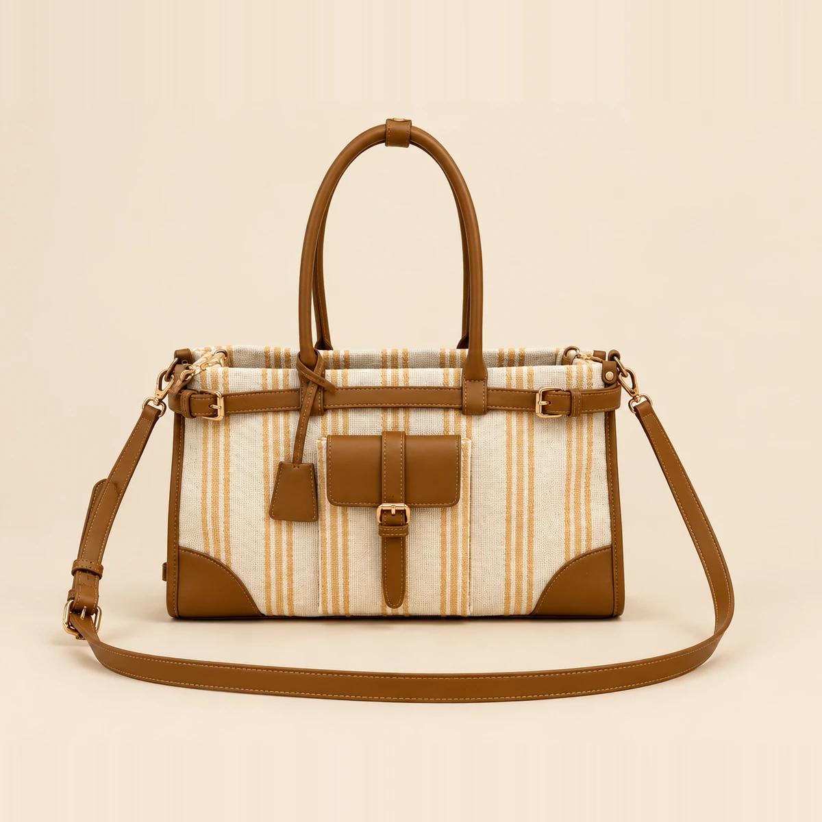 Cream Buckle-Strap Pinstripe Canvas Top Handle Bag | ODM Purse Factory