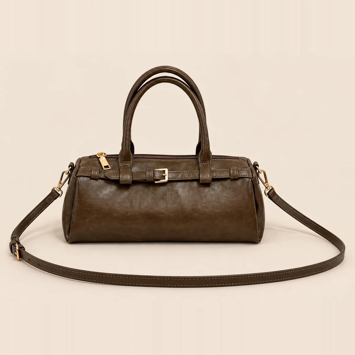 Brown Crackled PU Buckle-Strap Boston Bag | Private Label Bag Supplier — image 1
