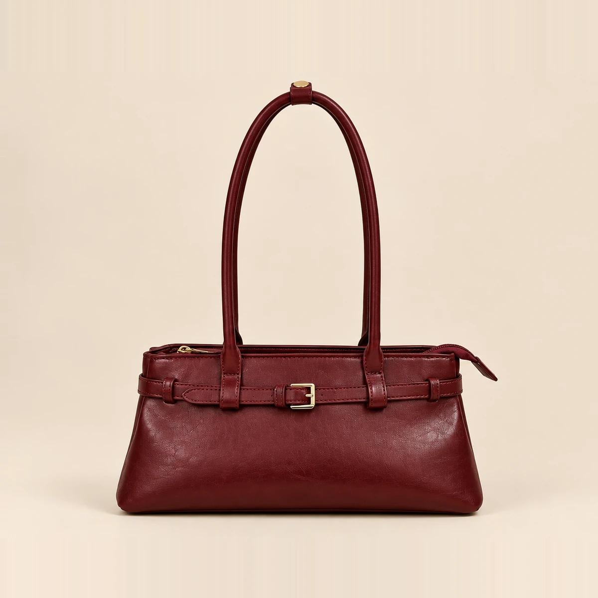 Wine Red Distressed PU Gold-Stud Baguette Bag | ODM Purse Factory — image 1