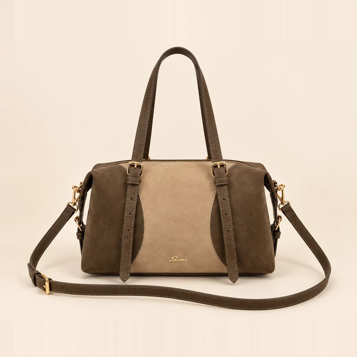 Taupe Two-Tone PU Buckle Boston Bag | Custom Handbag Manufacturer