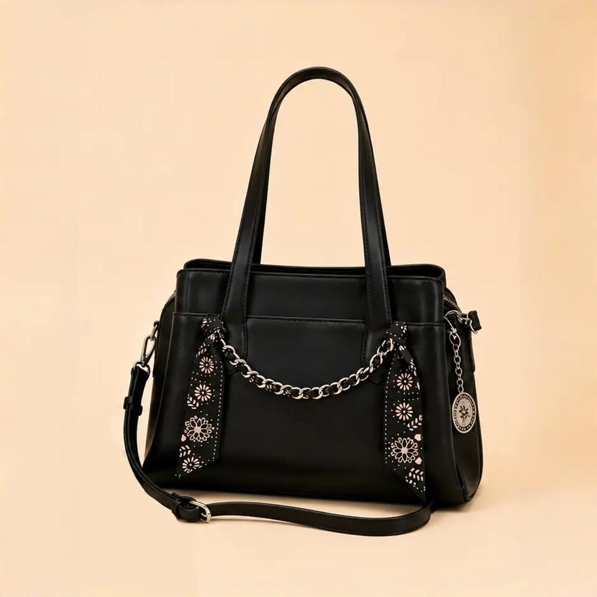 Structured Black PU Satchel with Chain Trim & Dual Handles — image 1