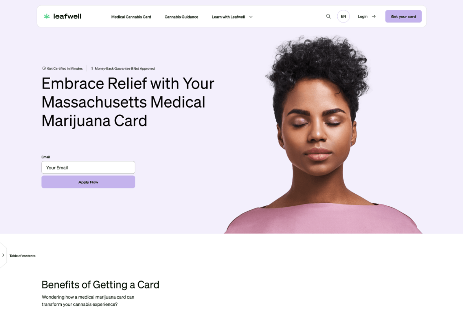 Leafwell desktop website medical card page showing the purple brand palette, hero messaging, and email signup form