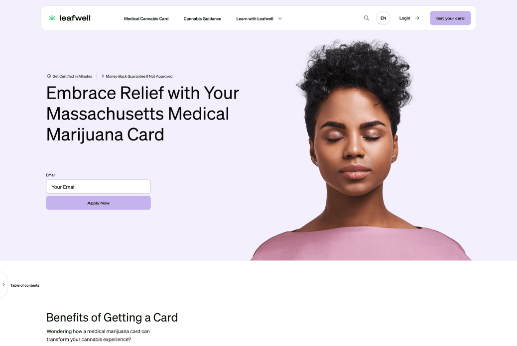 Leafwell desktop website medical card page showing the purple brand palette, hero messaging, and email signup form