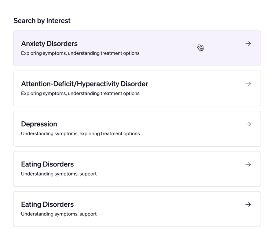 List of condition categories on Leafwell's provider search, including anxiety disorders, ADHD, depression, and eating disorders