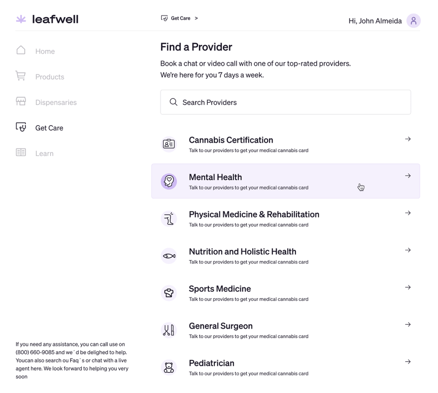 Leafwell "Get Care" screen listing telehealth specialties including cannabis certification, mental health, nutrition, and sports medicine