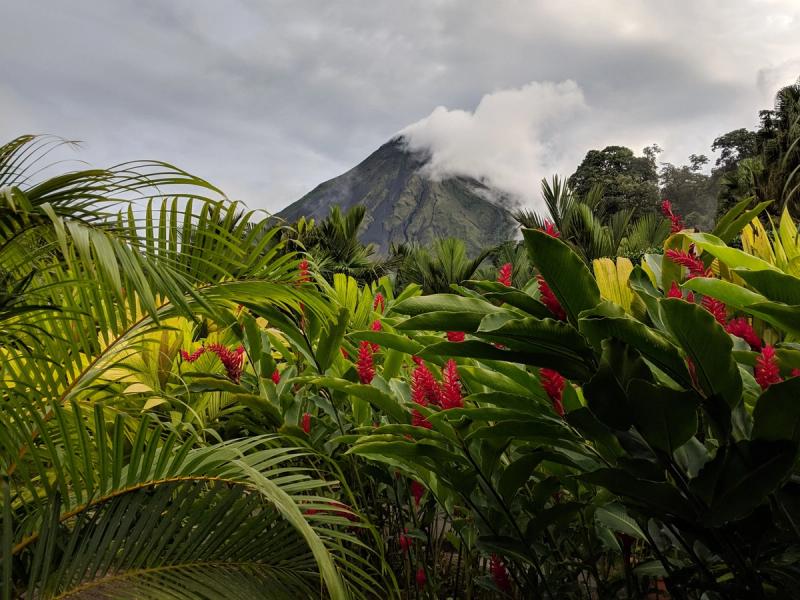 Volcán Arenal entre nubes y vegetación tropical