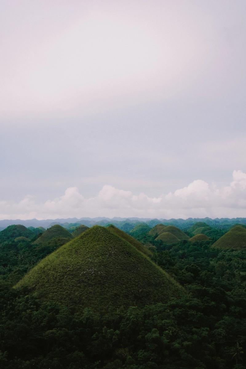 Chocolate Hills cubiertas de vegetación en Bohol, Filipinas
