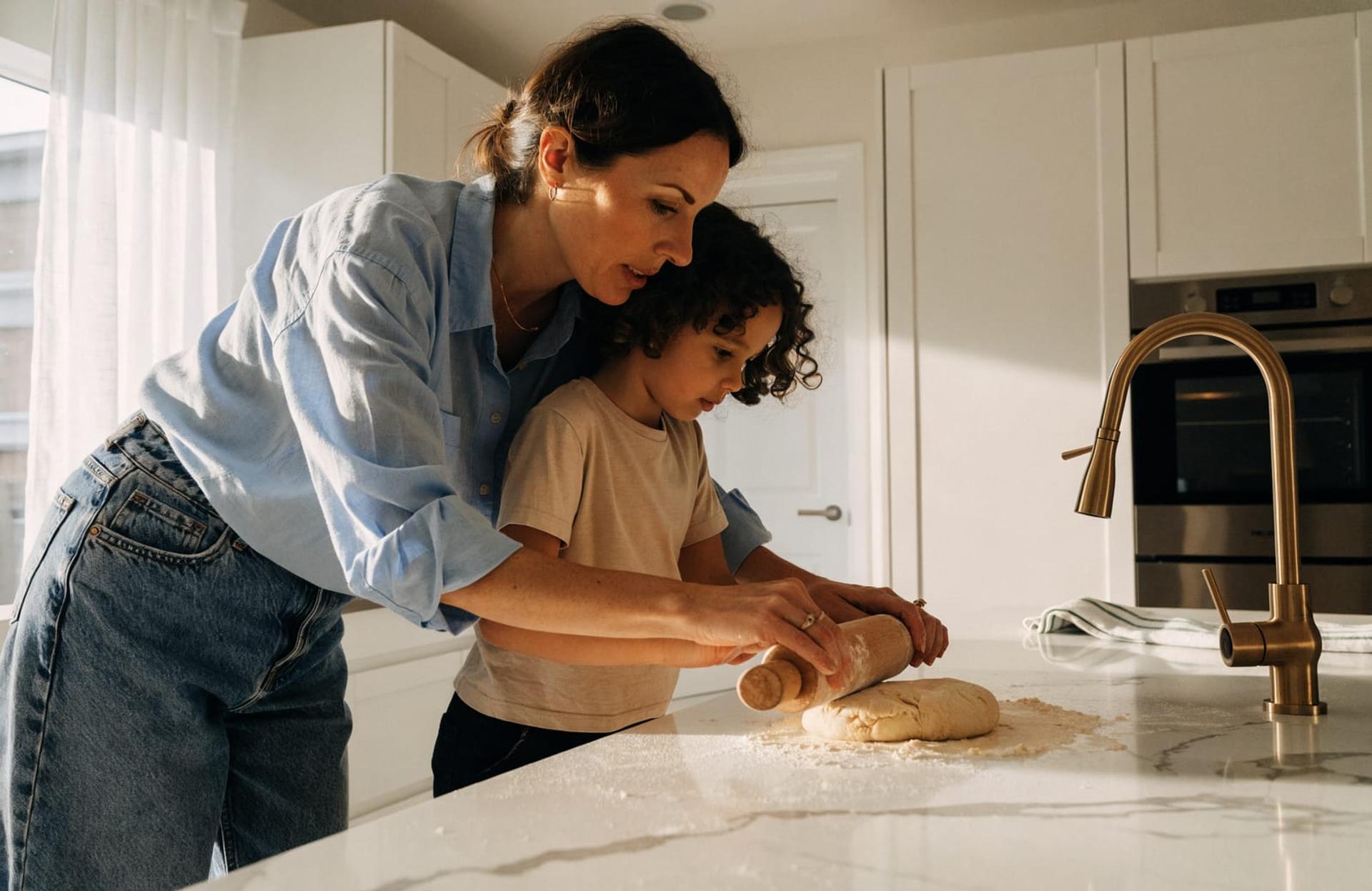 Baking together in a spotless bright kitchen