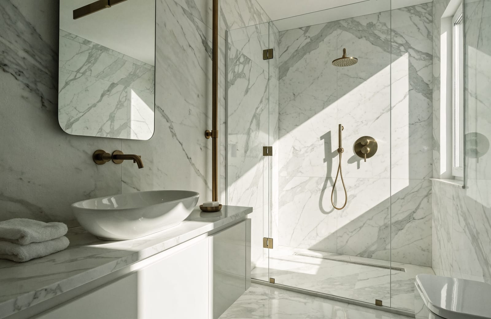 A pristine marble bathroom