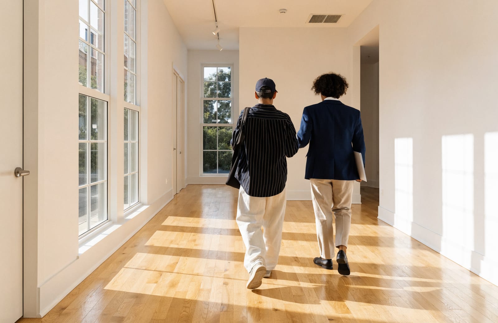 An agent and a client walking through a bright, empty home