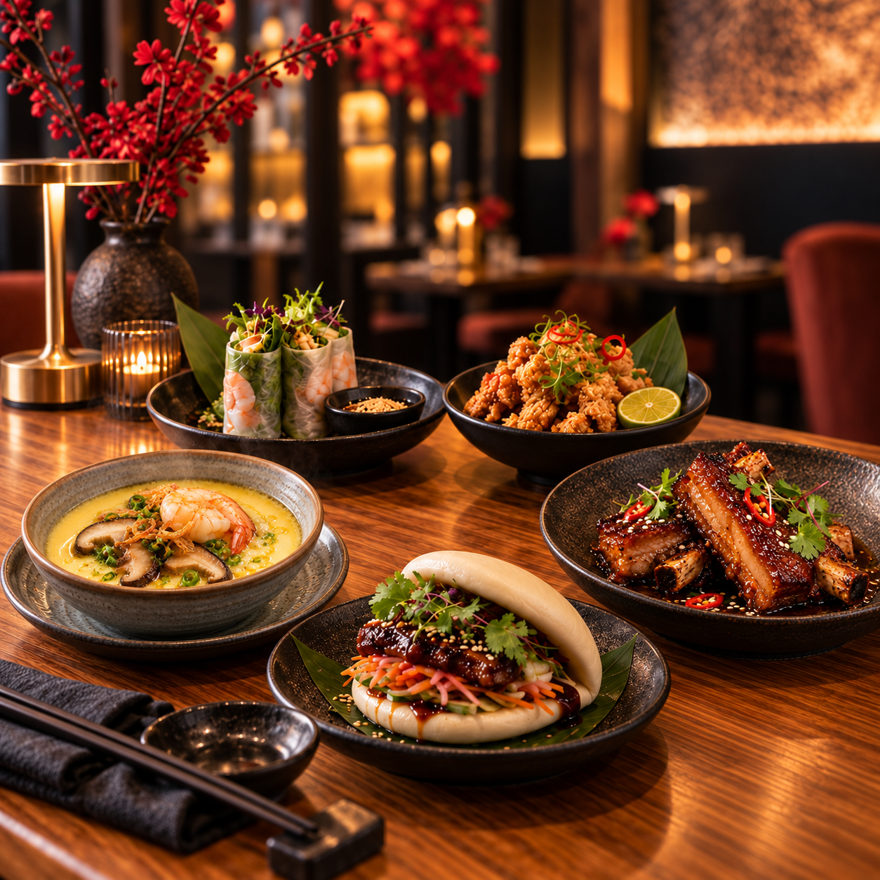 Various Asian dishes on black plates on wooden table: shrimp soup, filled dumplings, fried bites, baobun with meat and sriracha spare ribs. Red flowers in vase,