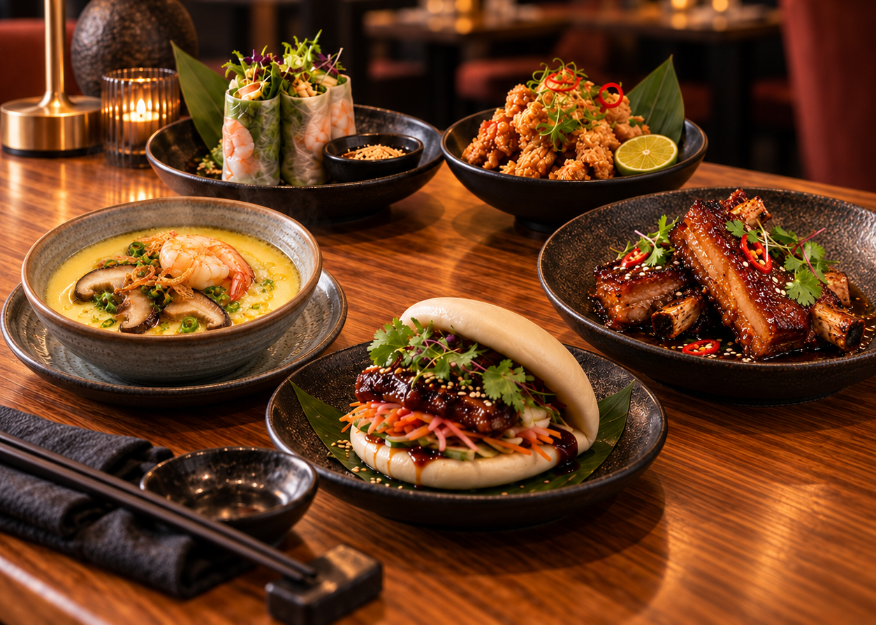 Various Asian dishes on black plates on wooden table: shrimp soup, filled dumplings, fried bites, baobun with meat and sriracha spare ribs. Red flowers in vase,