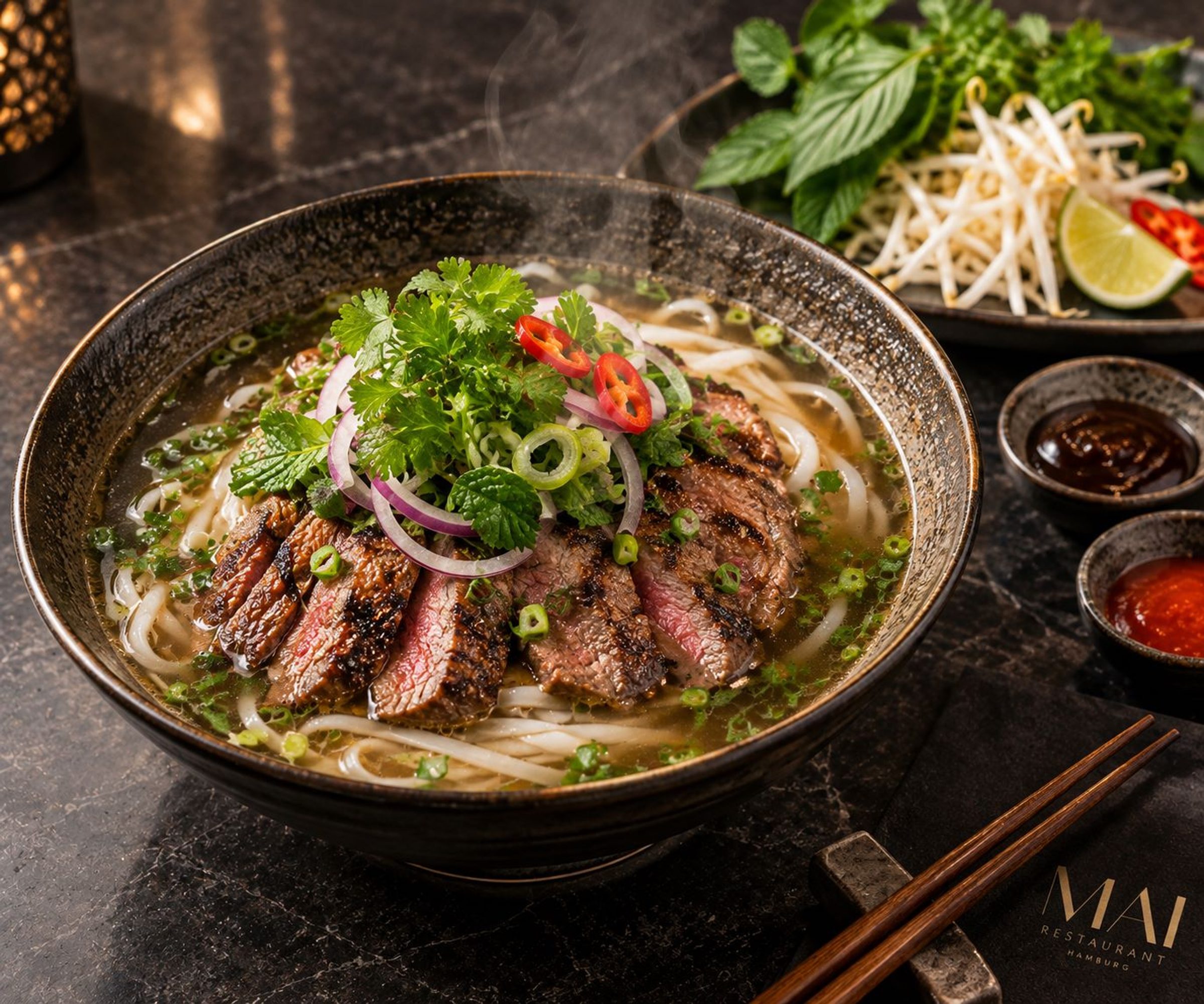 Noodle soup in gray bowl topped with sliced beef, cilantro, scallions and red chili. Side plate with bean sprouts, lime wedge and sauce bowls.