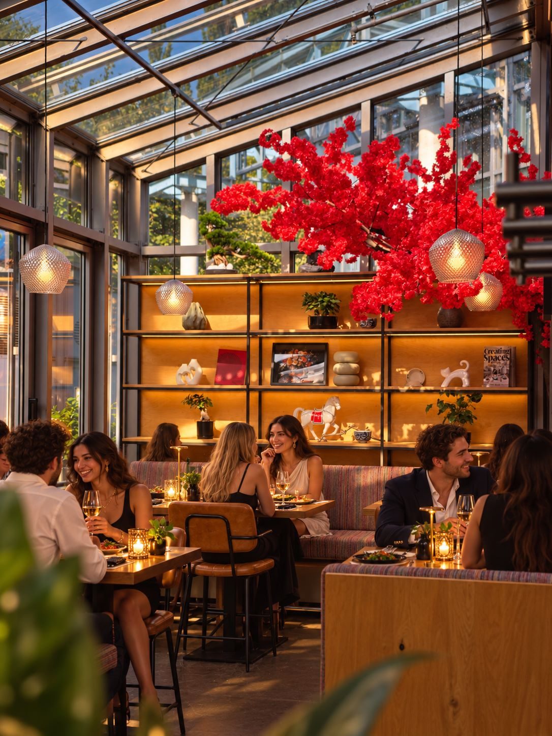 Restaurant interior with glass roof, lit shelving, red floral decorations and guests dining at tables.