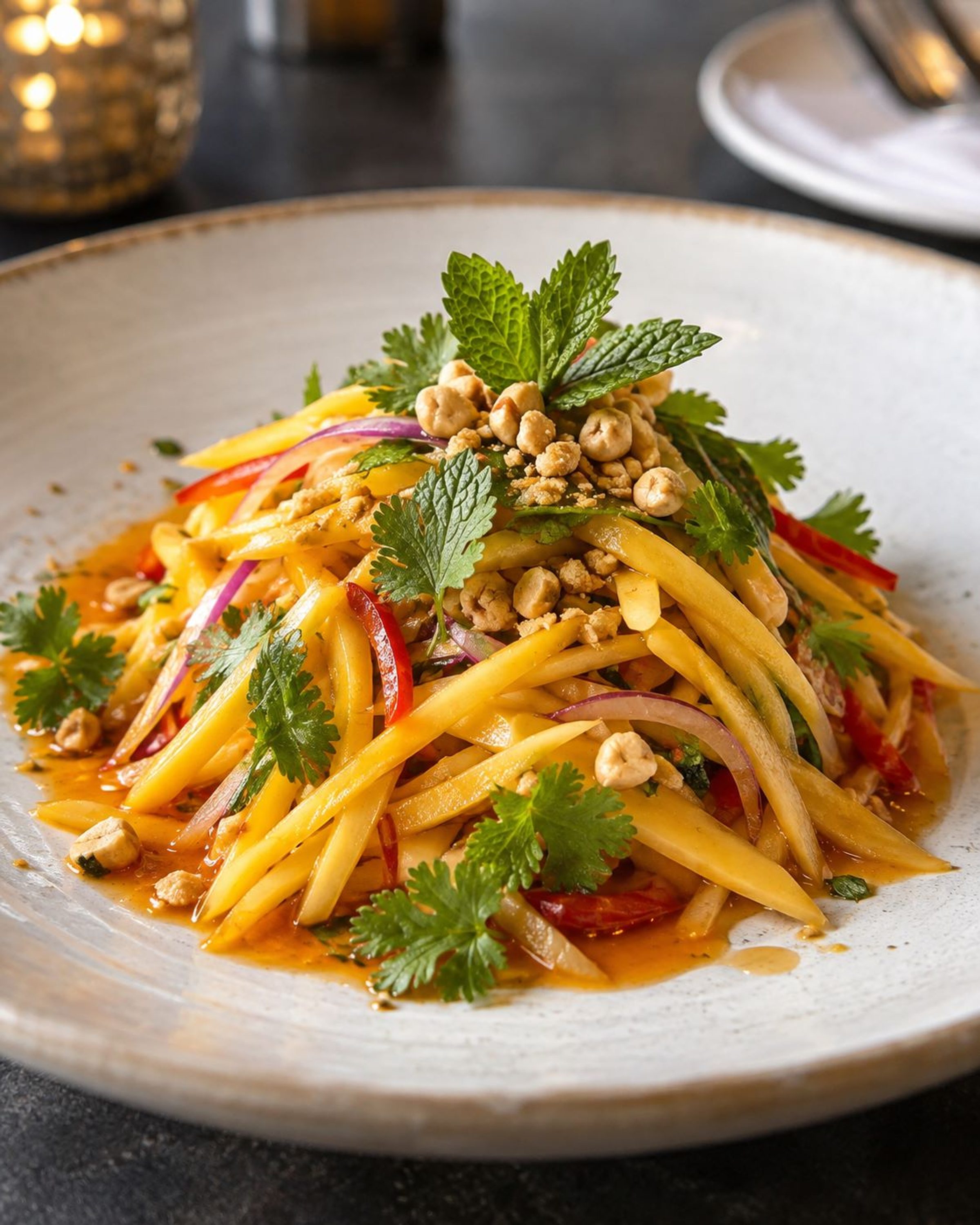 Plate with mango strips, red bell pepper strips, chickpeas, fresh mint and cilantro on cream-colored plate