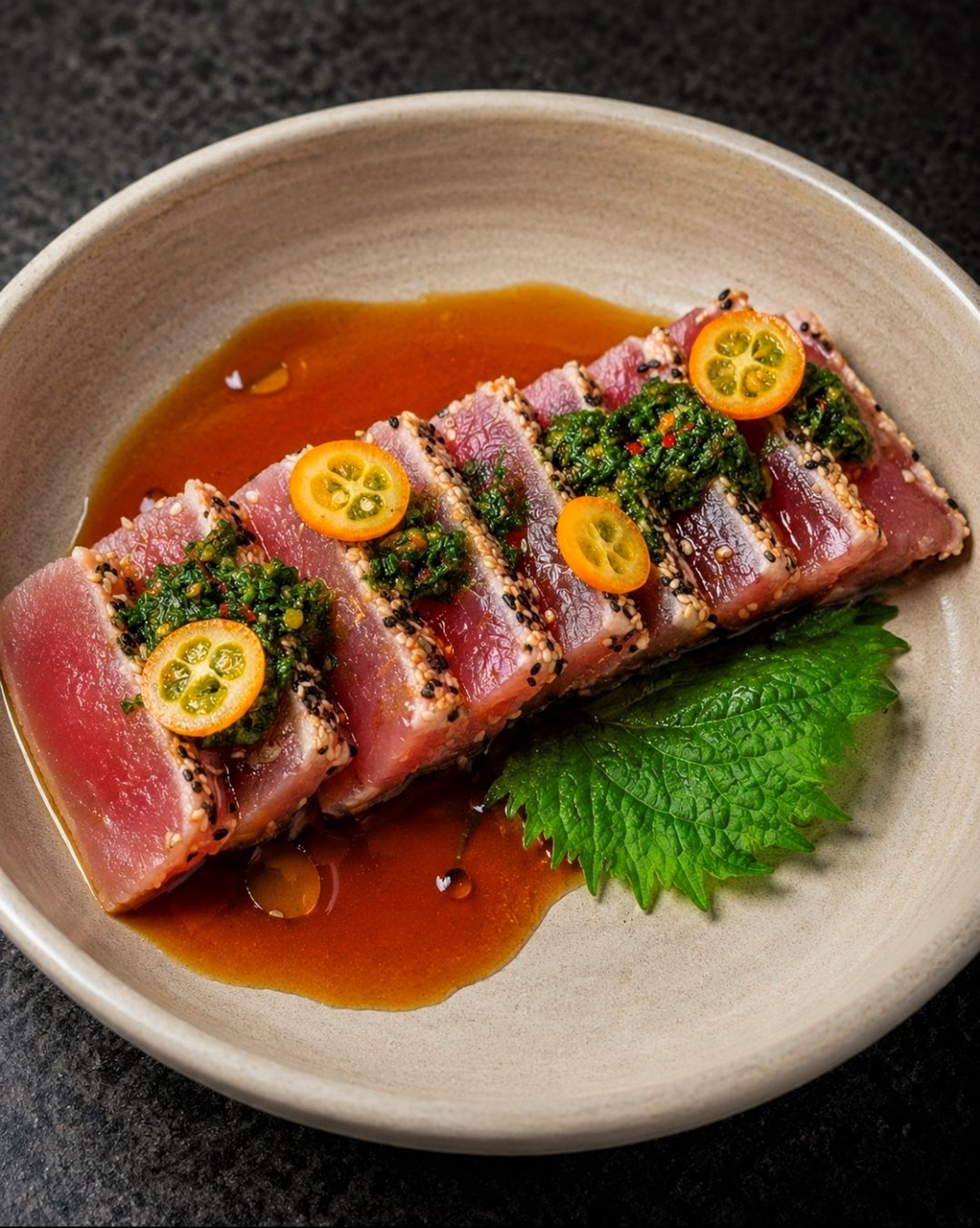Seared tuna with green spice crust, yuzu slices and ponzu sauce in beige bowl