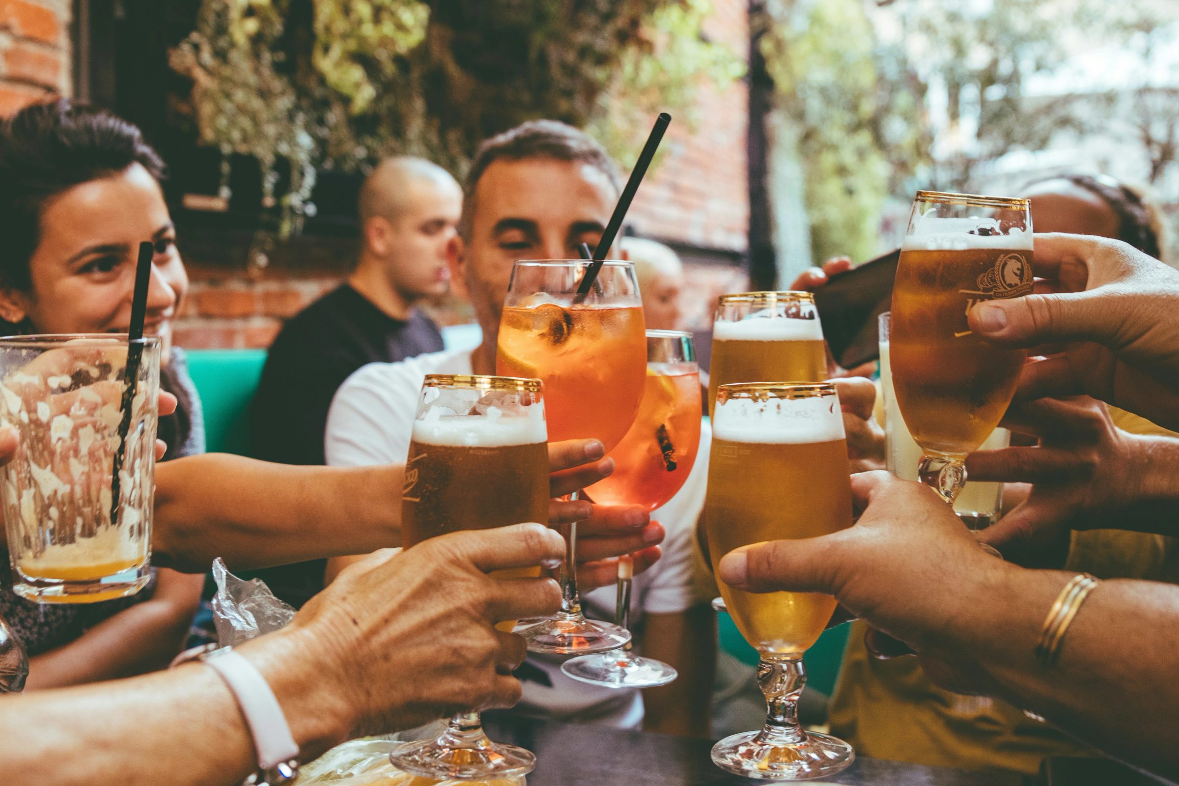Group of people raising glasses with drinks, guests seated at outdoor table in background.