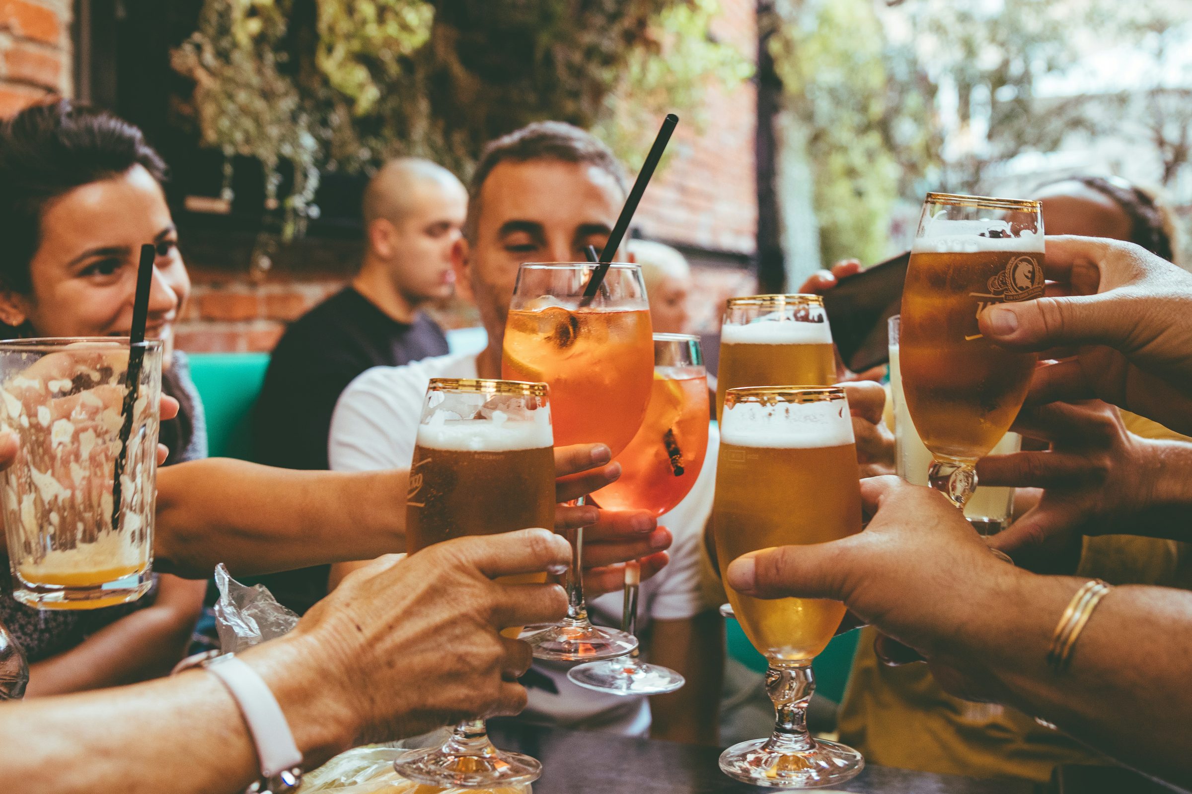Group of people raising glasses with drinks, guests seated at outdoor table in background.