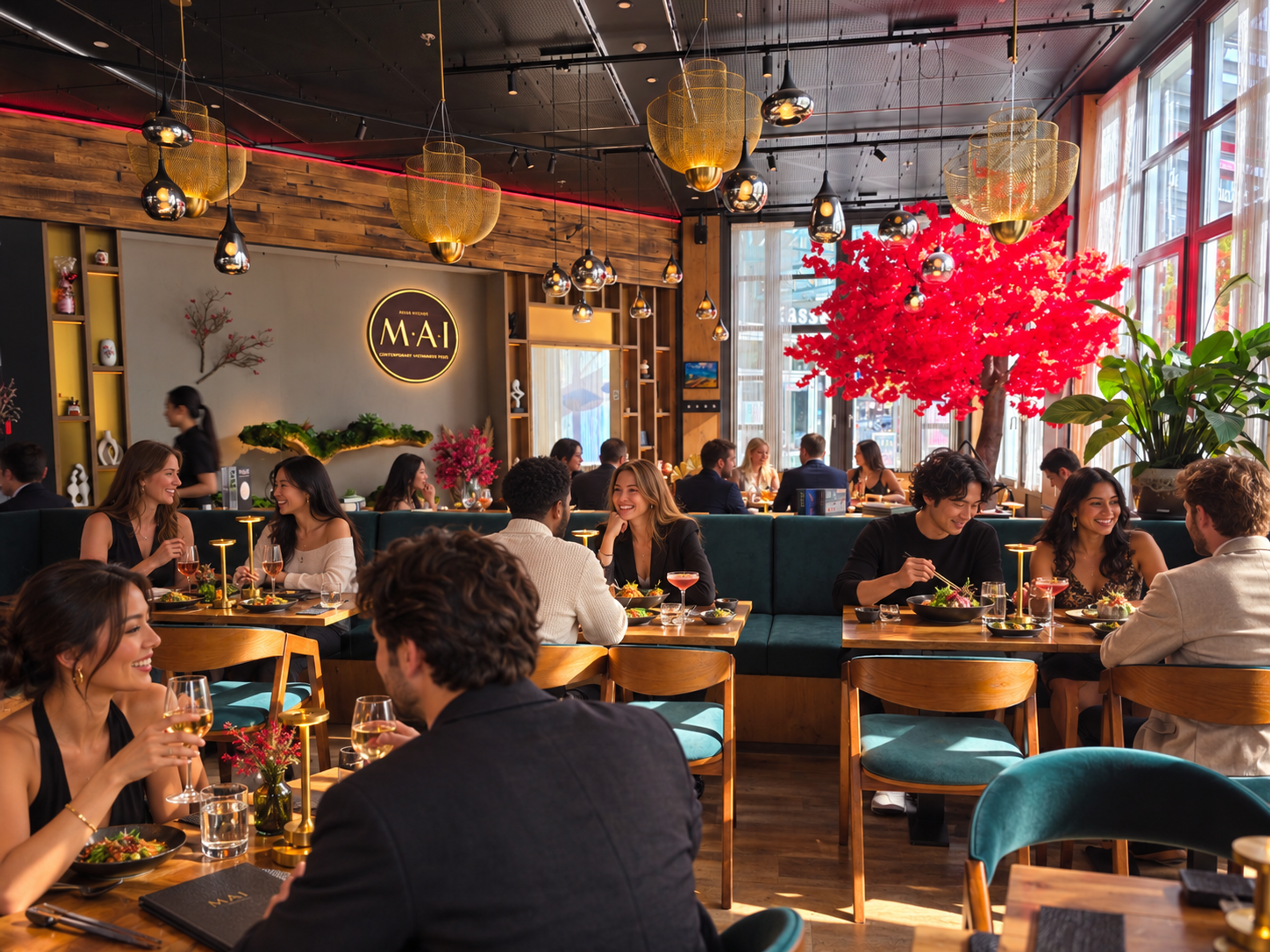 Restaurant interior with guests dining at tables, golden pendant lights, red flower decoration, wooden walls and MAI logo on wall