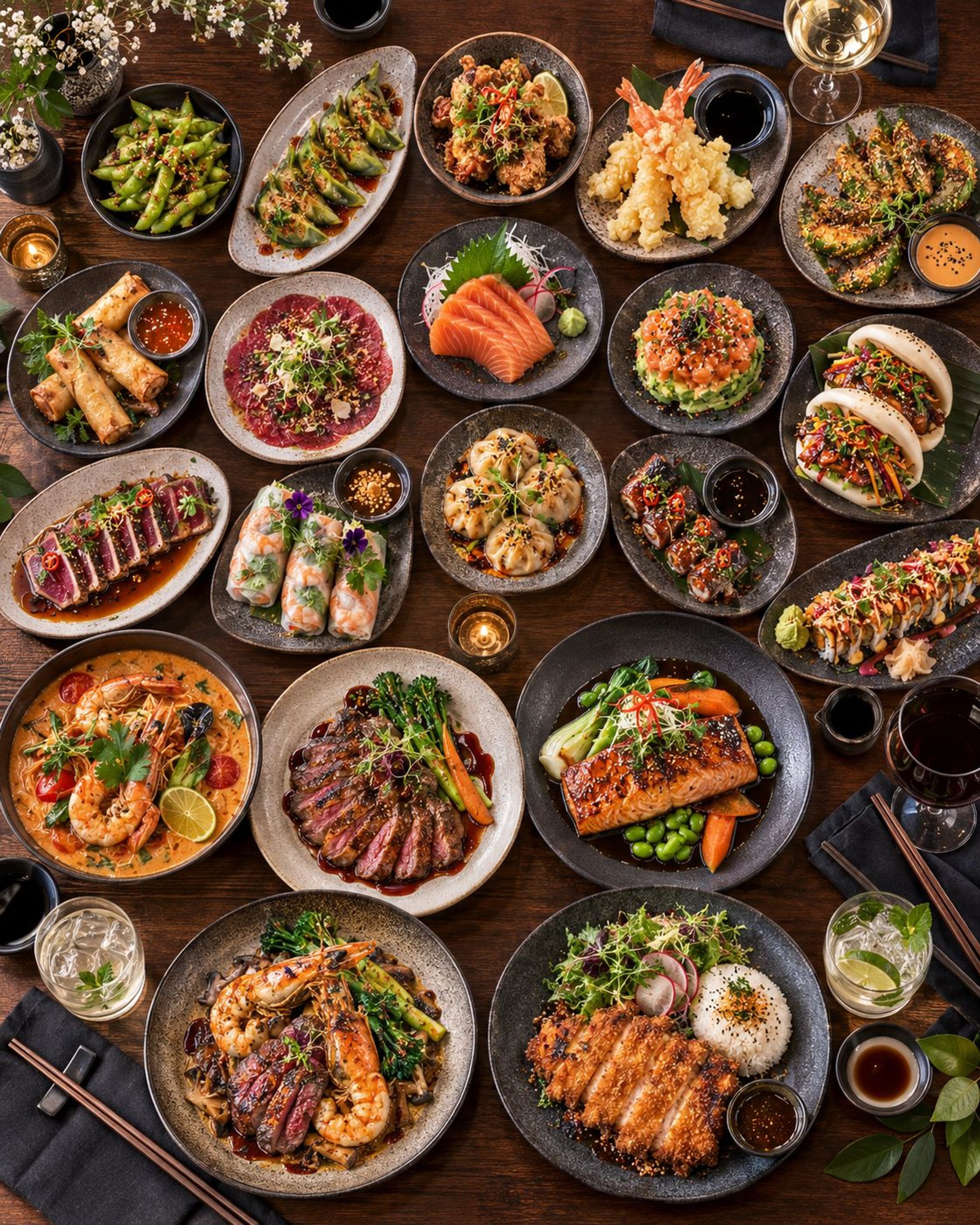 Overhead view of multiple tapas dishes on wooden table: sushi rolls, sashimi, fried shrimp, meat plates, spring rolls, gyoza, bao, fish and vegetable dishes wit