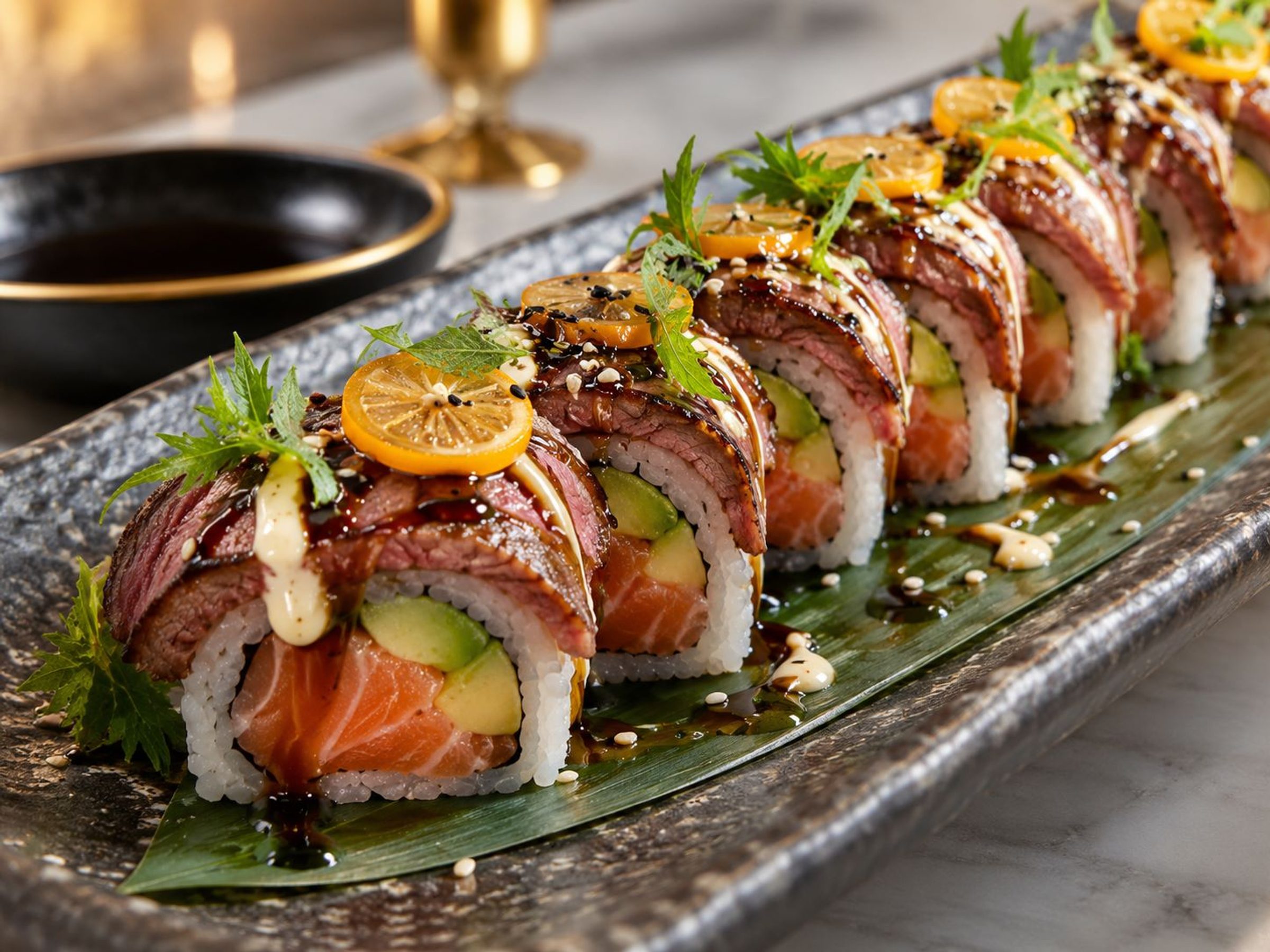 Sushi roll with salmon, avocado and roast beef, garnished with microgreens, orange slice and sesame on slate plate