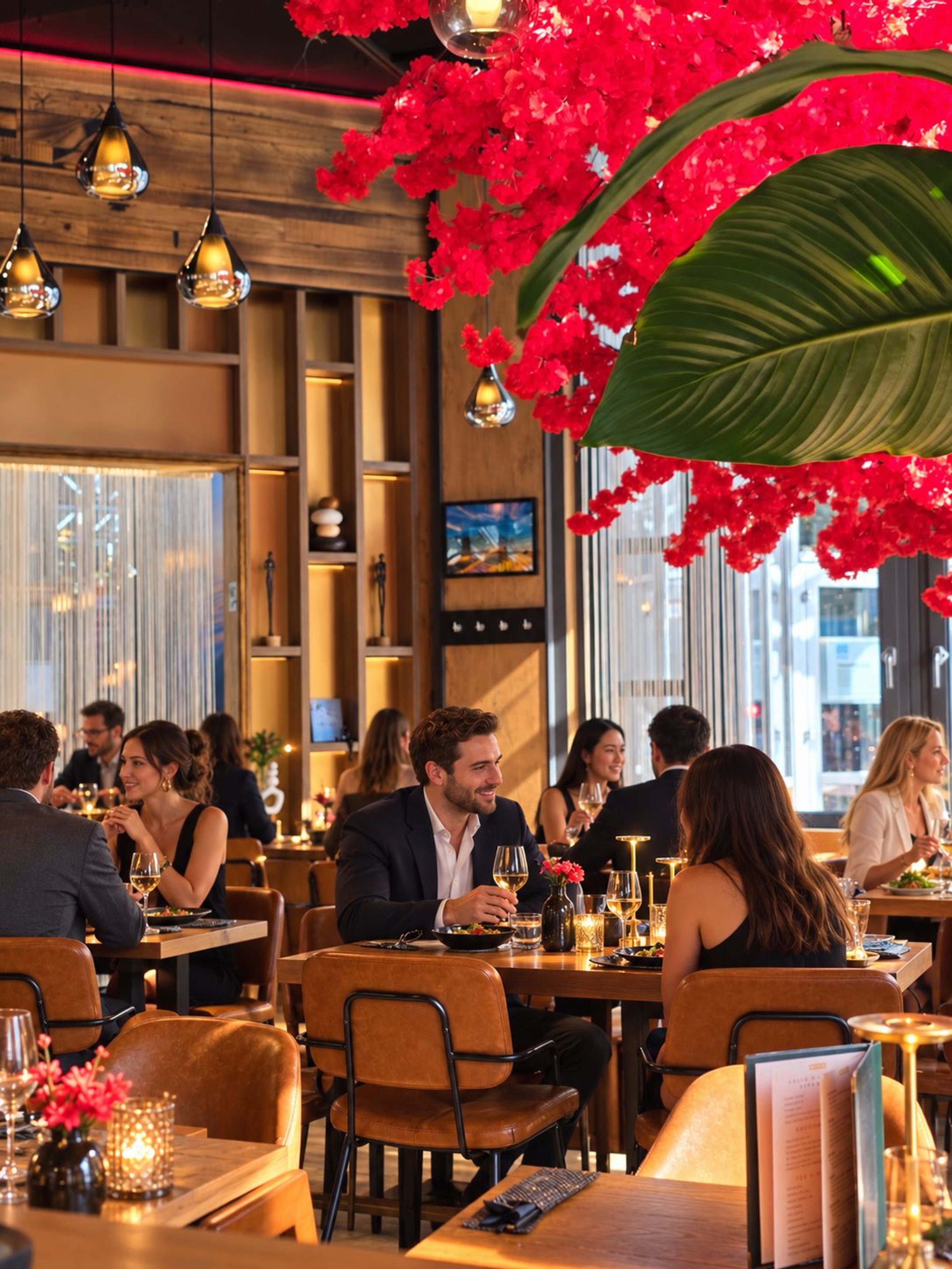 Restaurant interior with guests at wooden tables, red flower decoration, hanging lamps, wood wall paneling, large windows.