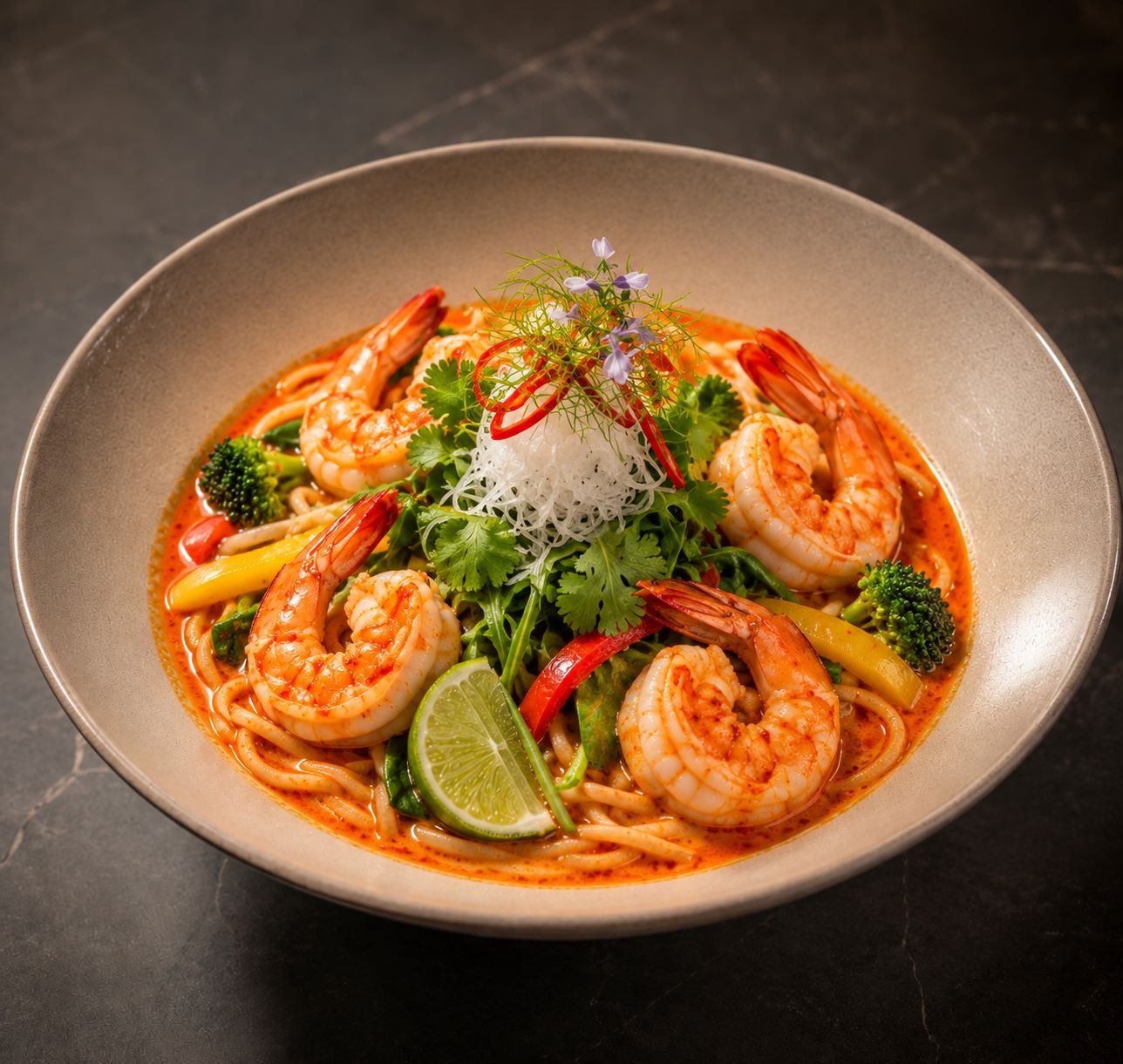 Plate with seafood noodle dish: shrimp, squid, broccoli, red bell pepper, cilantro, lime and edible flowers in orange-red sauce