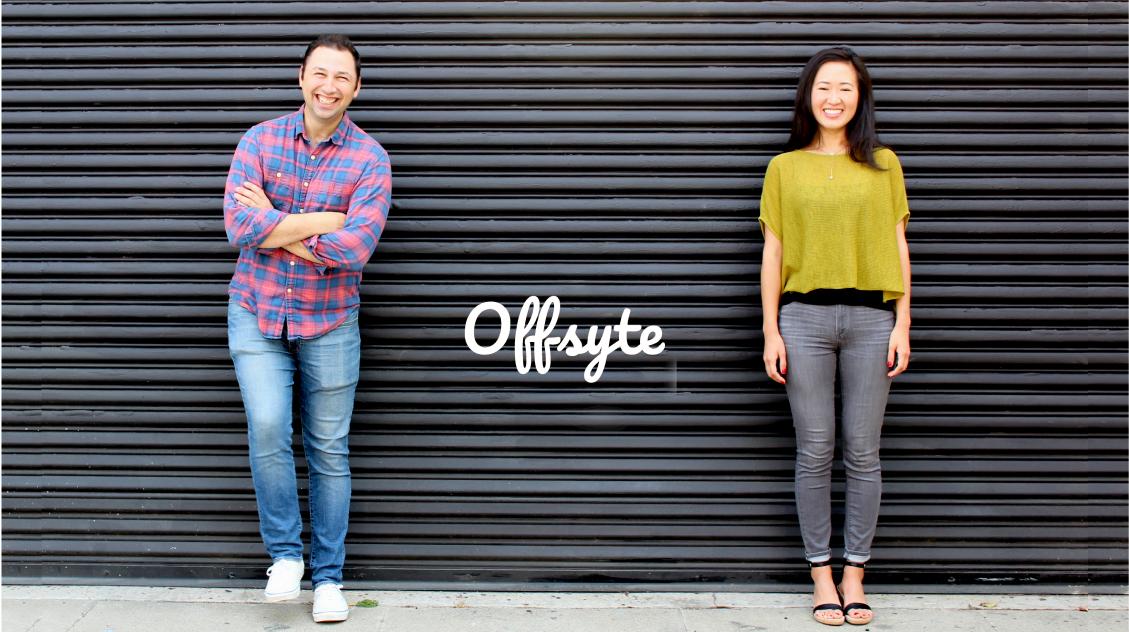 Offsyte founders Jonathan and Emma stand next to their logo