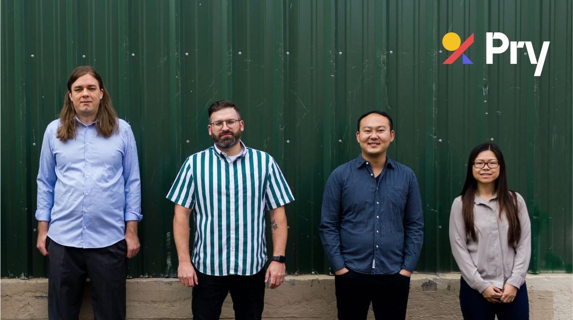 Four Pry founders stand in a line in front of a green wall