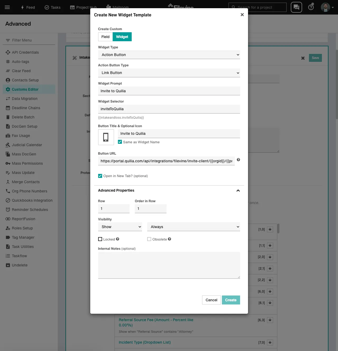 Screenshot of the widget configuration screen in Filevine for adding an Invite to Quilia action butt