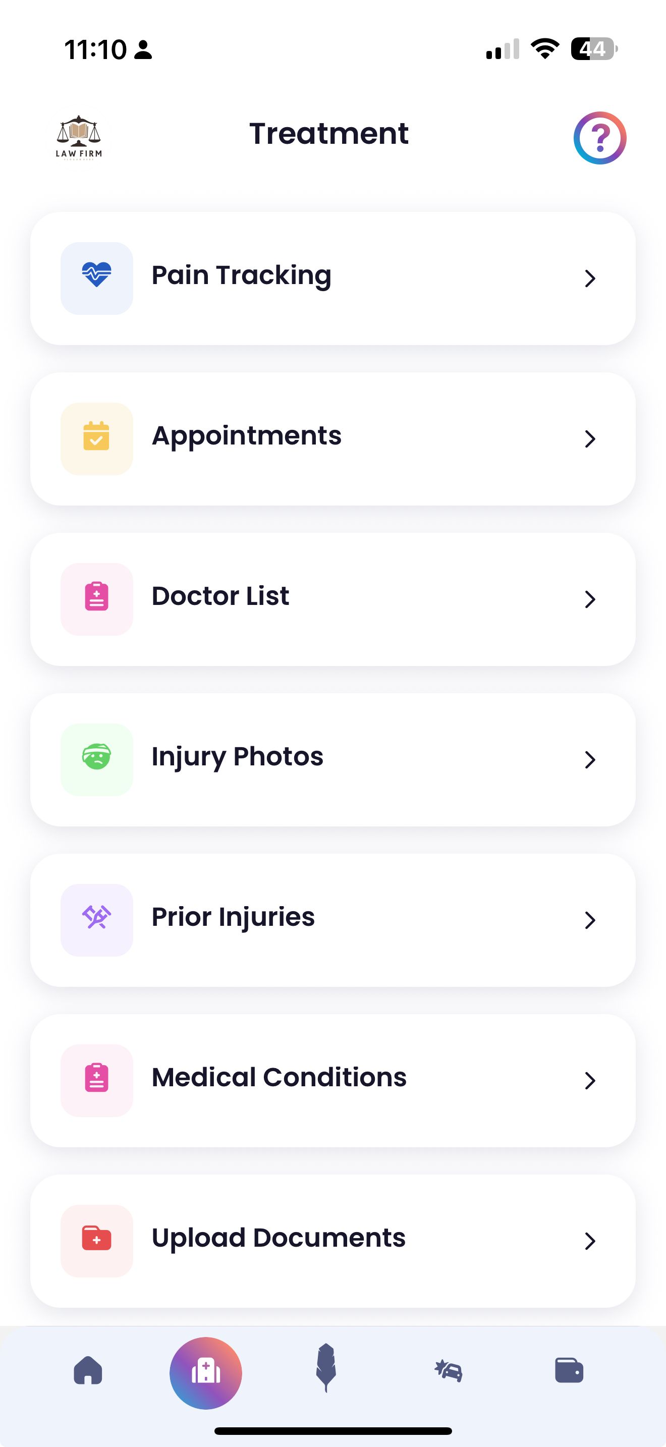 Screenshot of the Quilia app’s Treatment tab showing options to track pain, appointments, doctor lis