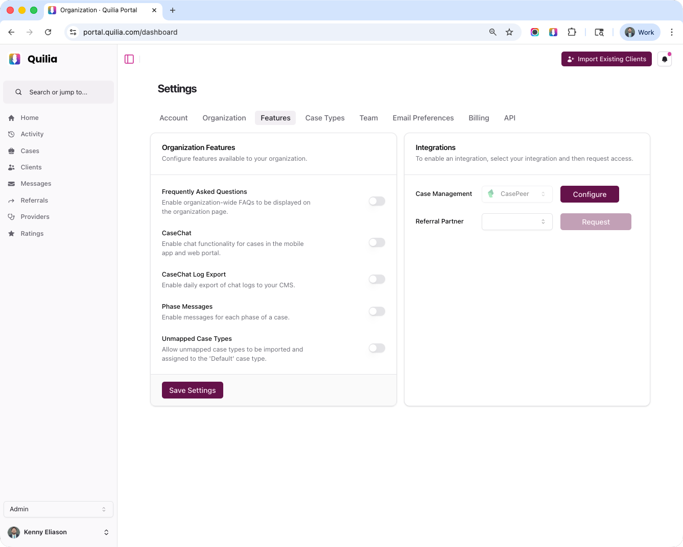 Quilia Settings Features page showing CasePeer integration with Configure button to connect.