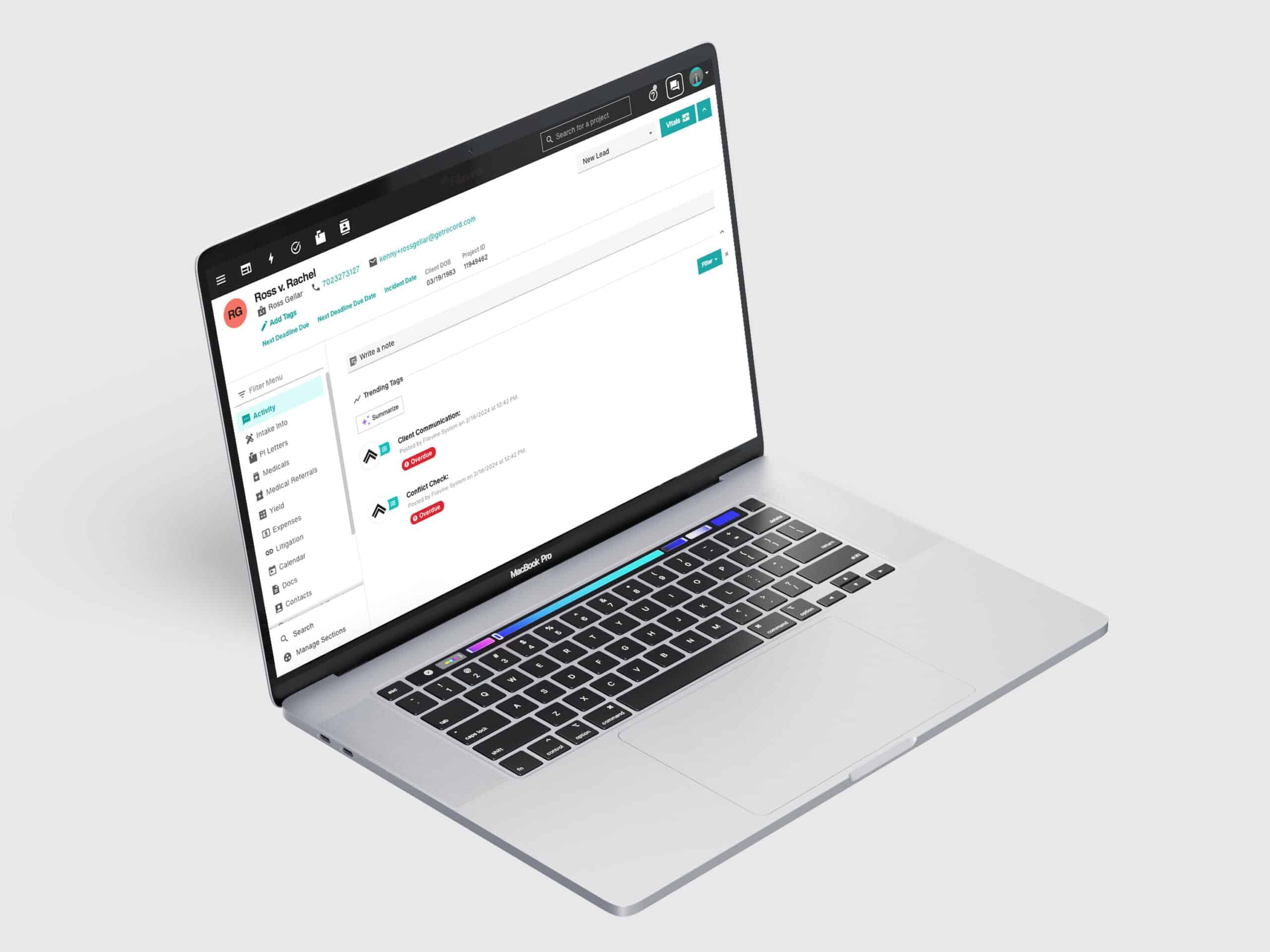 Case management systems interface for personal injury law