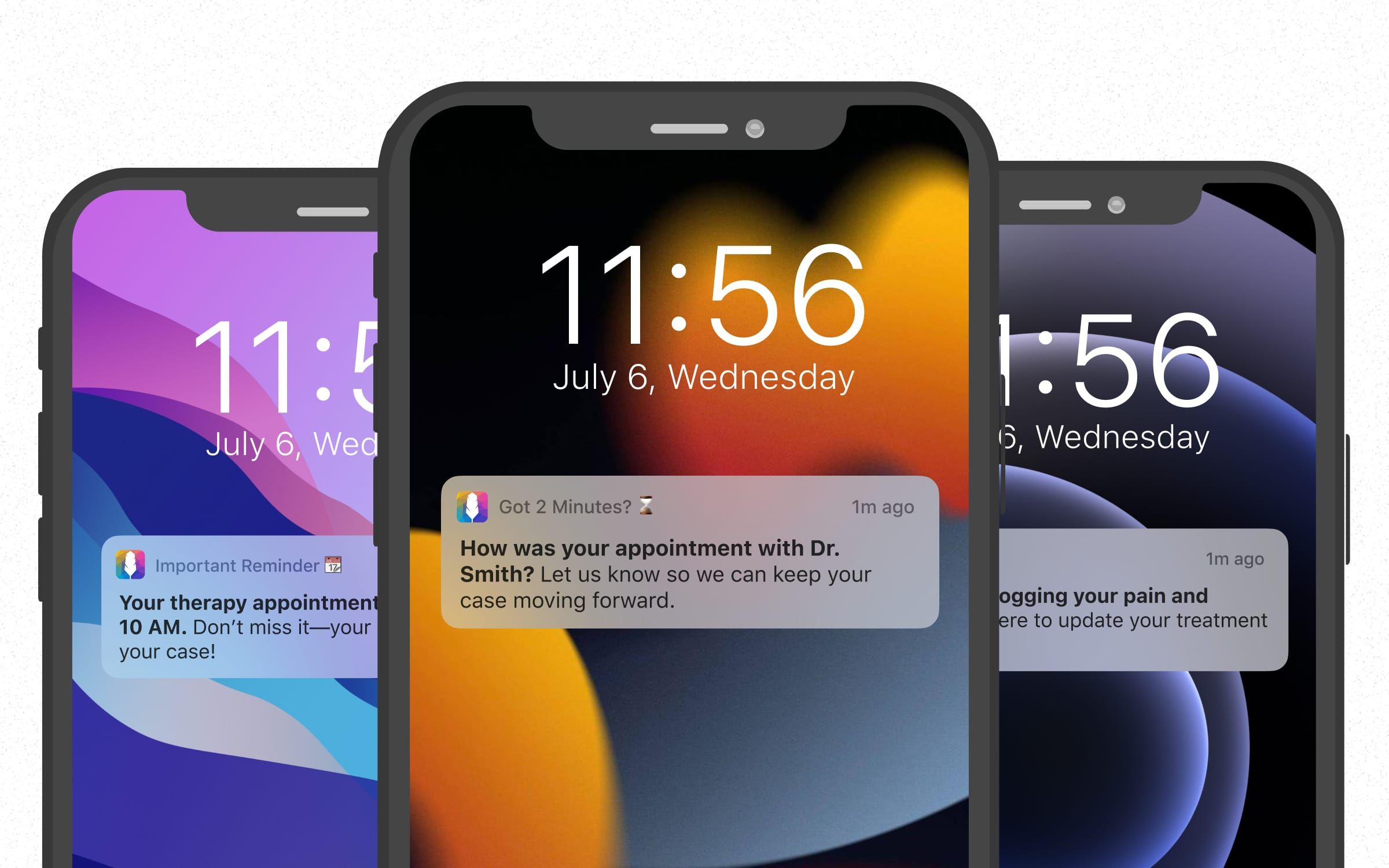 Case notification mockup showing reminders to log treatment updates and attend appointments, highlighting proactive legal case management.